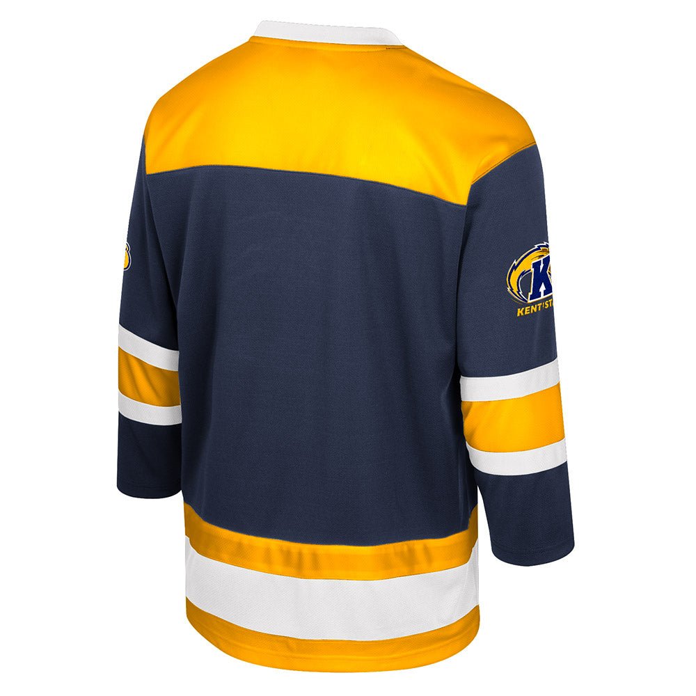 Back view of the 2024 Kent State University Navy Hockey Jersey featuring navy blue, gold, and white colors with Kent State logo patches on the sleeves.