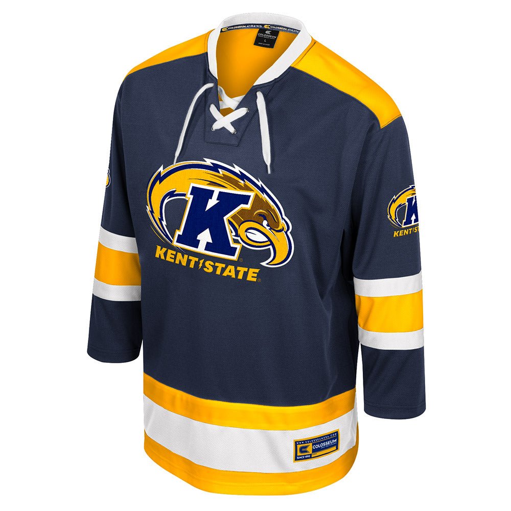 2024 Kent State University Navy Hockey Jersey featuring navy blue with yellow and white accents, Kent State logo on chest and sleeves, lace-up collar design.