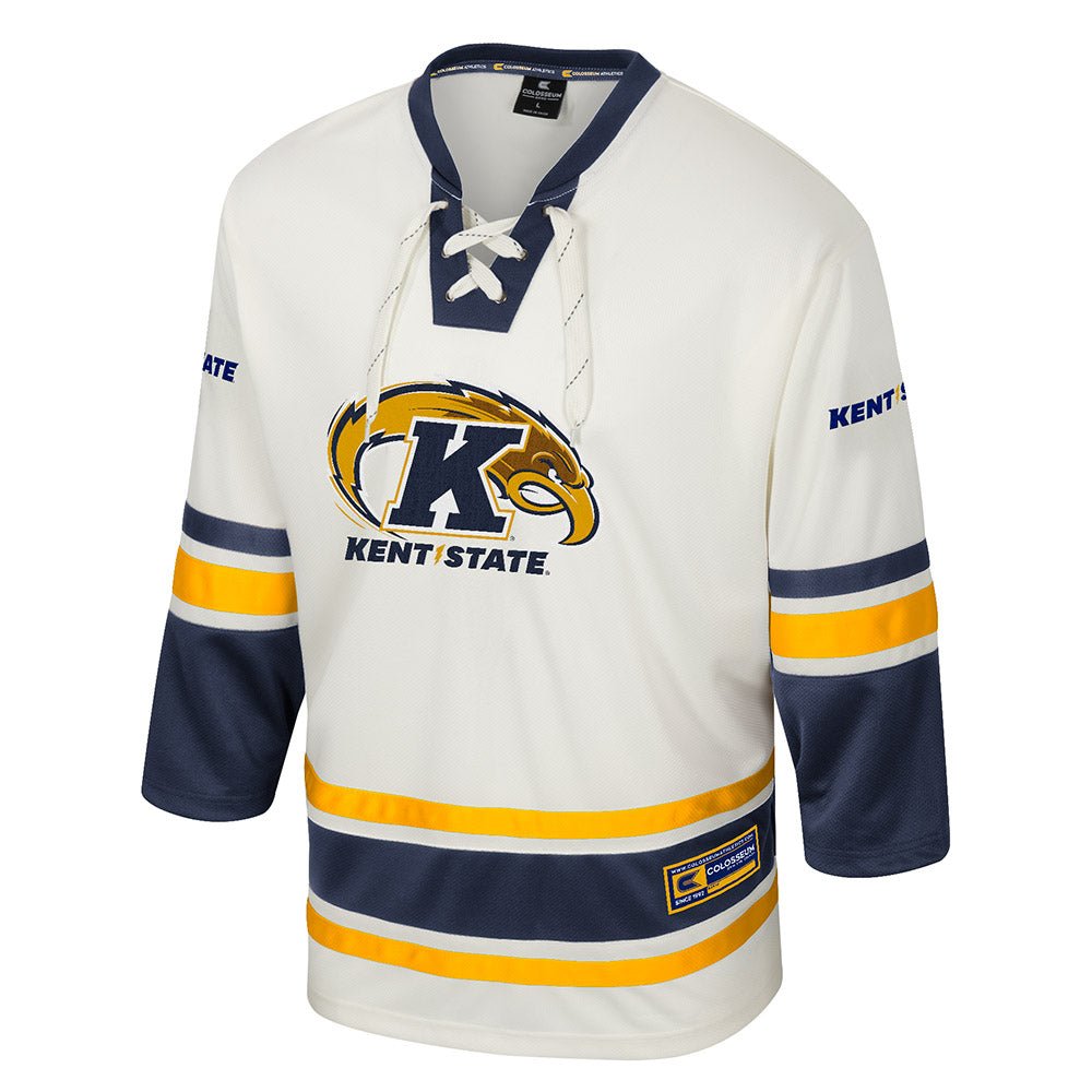 White and navy 2025 Kent State Hockey Jersey with yellow stripes, lace-up collar, Kent State Golden Flashes logo on front, and Kent State text on sleeves, ideal for fans.