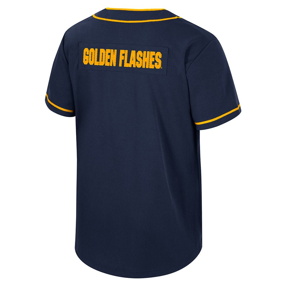 Back view of a navy 2025 Kent State Baseball Jersey featuring yellow trim on sleeves and collar, with "GOLDEN FLASHES" in bold yellow lettering across the upper back.