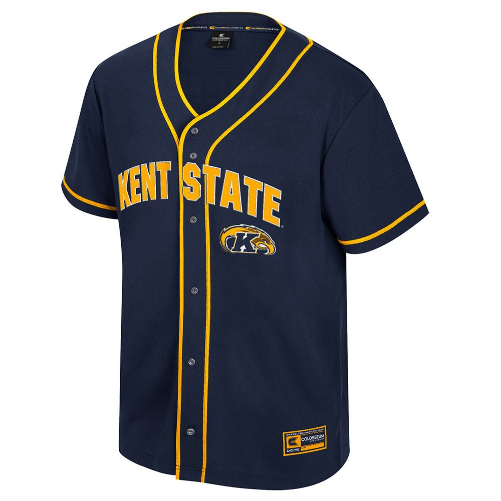 2025 Kent State Baseball Jersey in navy blue with yellow trim and button-up front, featuring Kent State lettering and Golden Flashes logo, perfect for Kent State apparel fans.