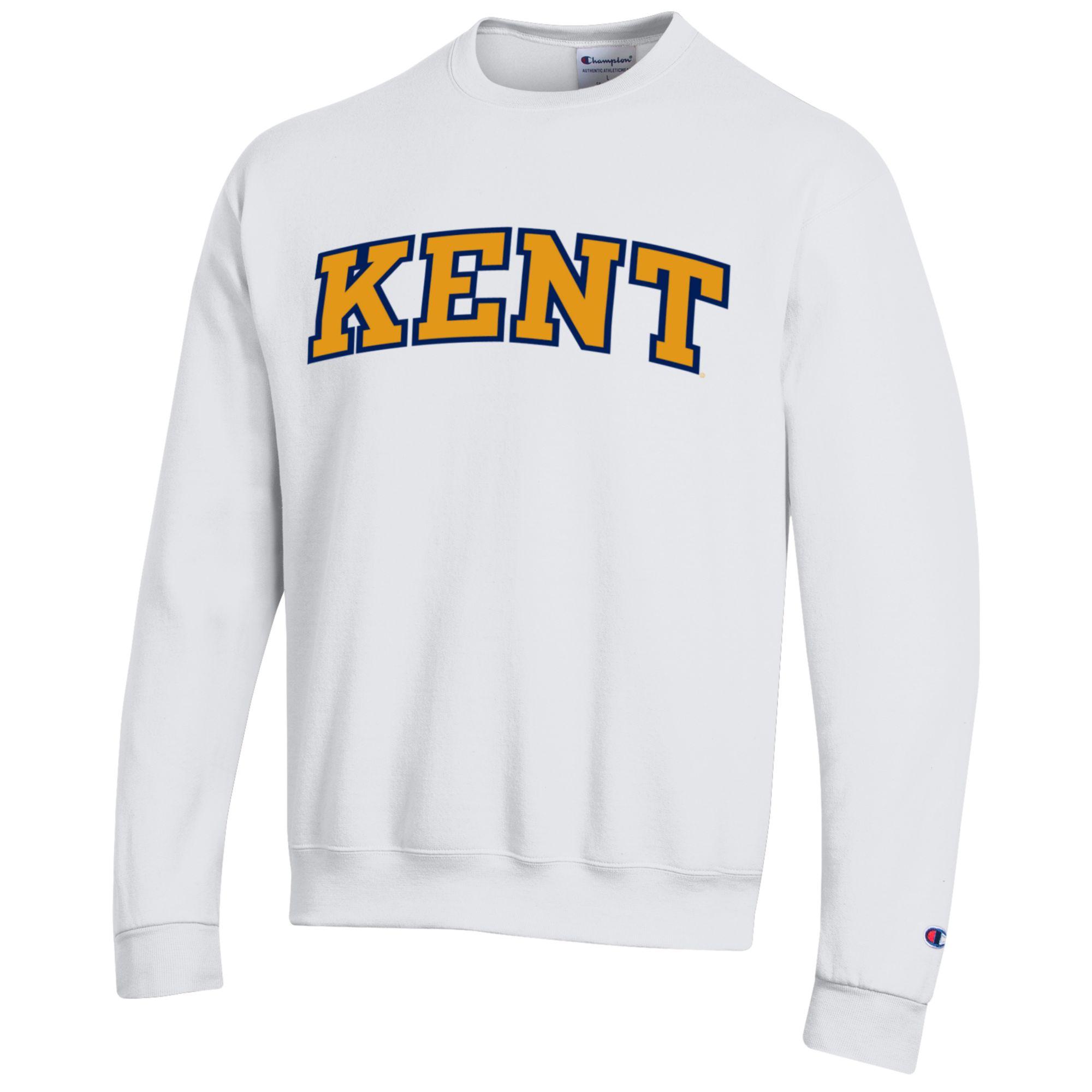 White crewneck sweatshirt featuring "KENT" in gold letters outlined in navy blue across the chest, Champion Kent Embroidered style, representing Kent State apparel.