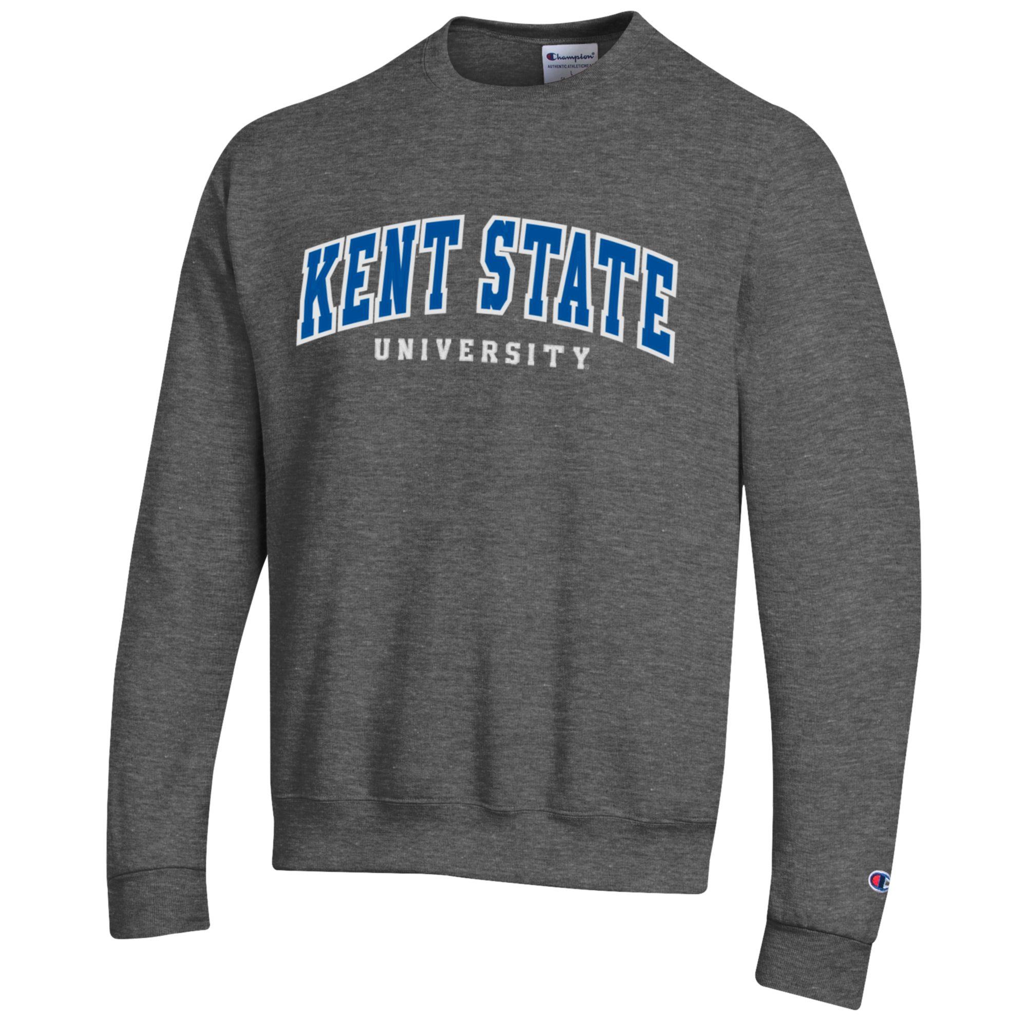 Gray Champion Embroidered Crewneck Sweatshirt featuring blue and white Kent State University text on the front, styled for Kent State apparel fans.