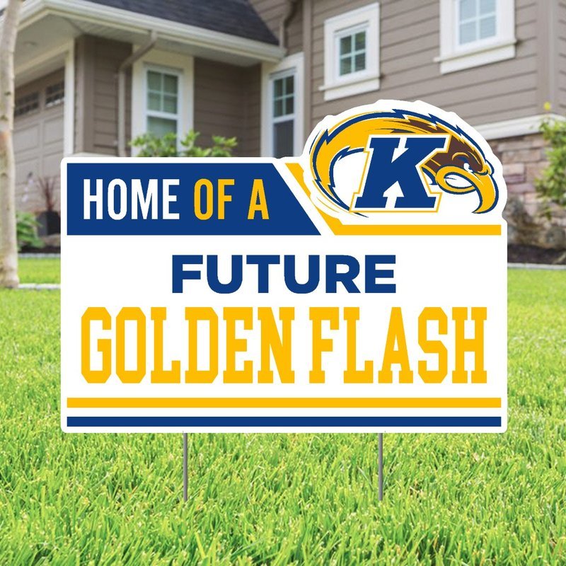 Future Golden Flash Lawn Sign with Kent State Golden Flash logo in blue and yellow colors displayed on green grass in front of a house.