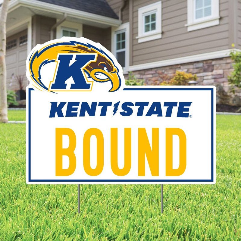 Kent State Bound Lawn Sign featuring the Kent State logo with a golden eagle and bold yellow and blue text displayed on a front yard lawn.