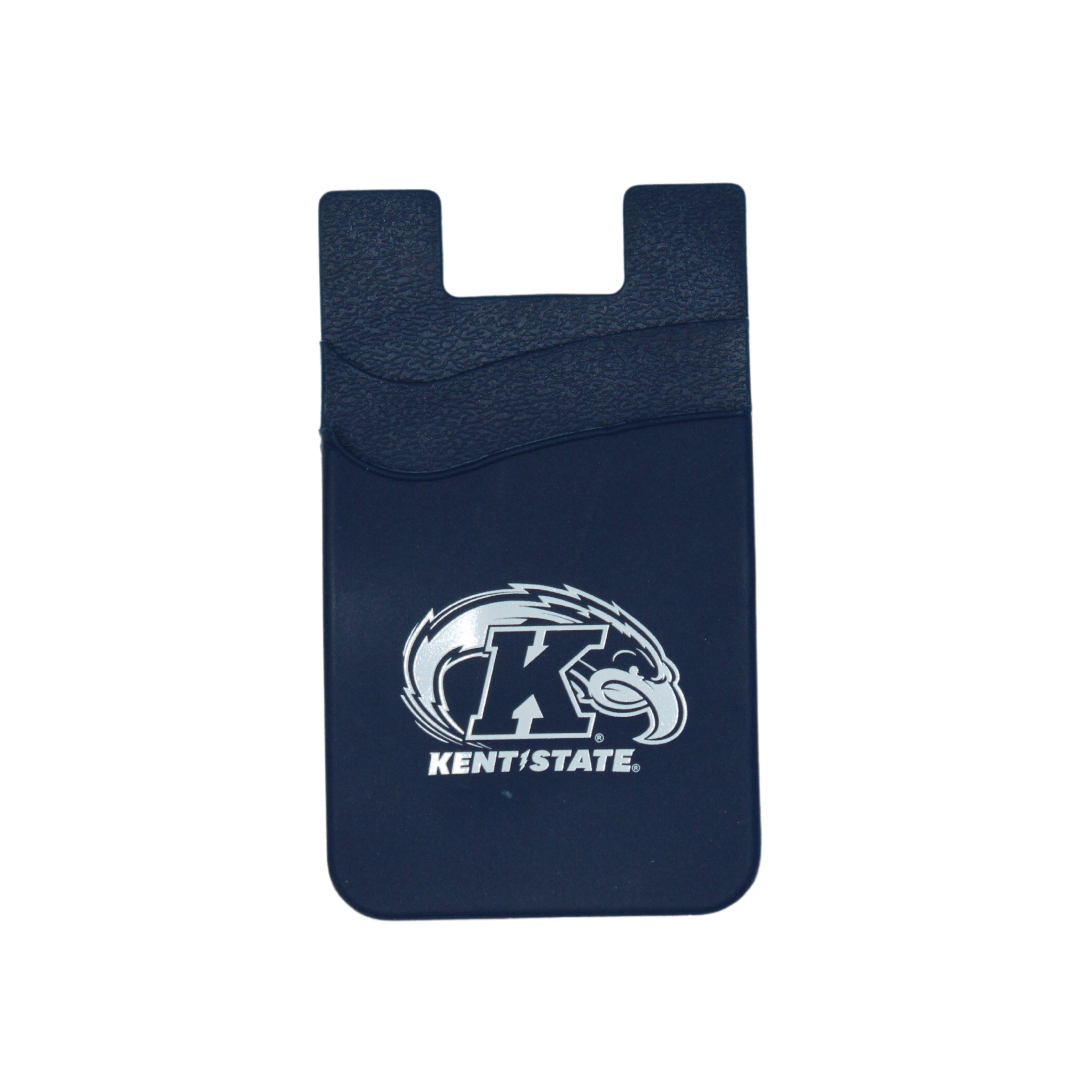 Kent State Navy Dual Pocket Phone Wallet featuring a golden flashes logo, designed for convenient phone and card storage with a sleek navy blue finish.