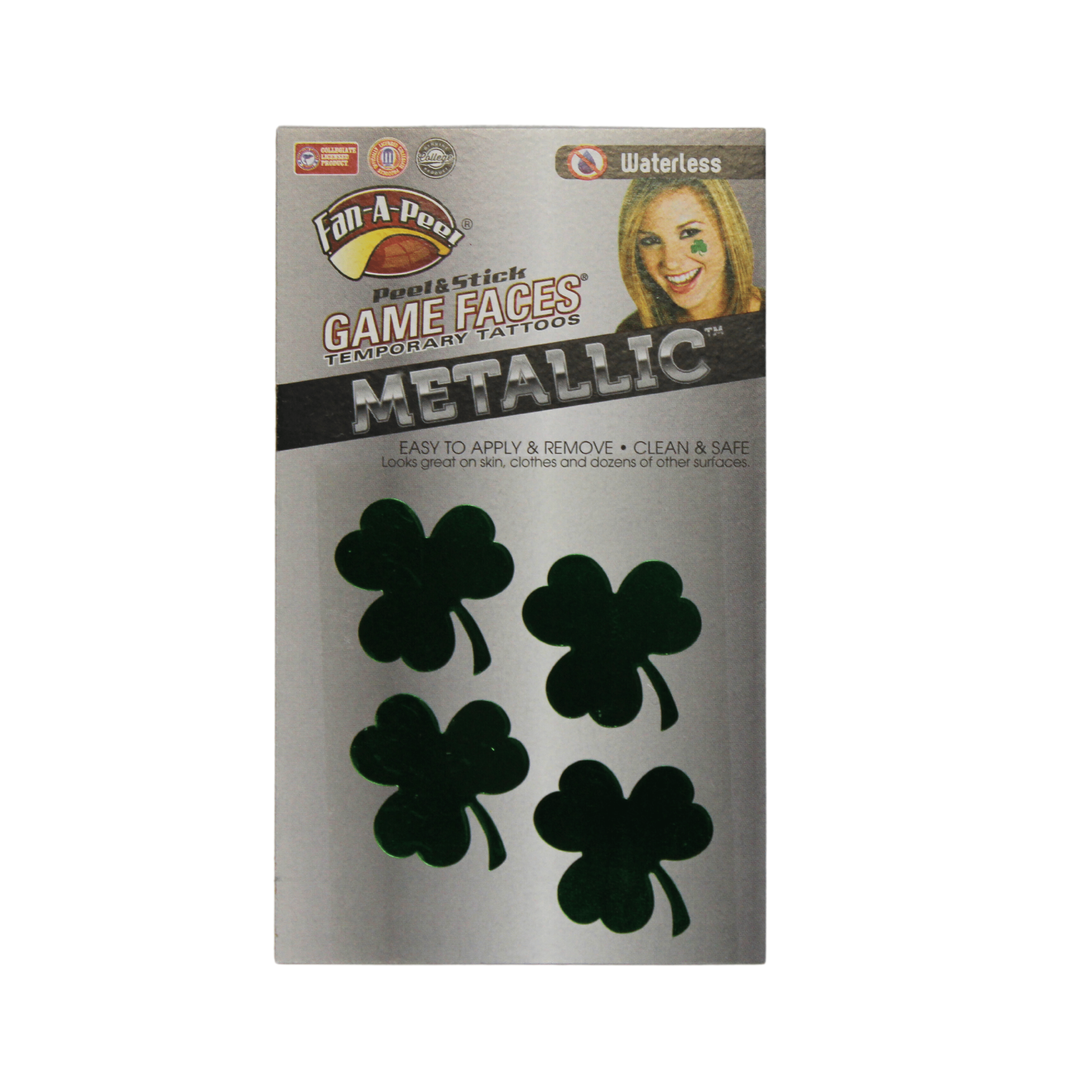 Packaging for Metallic Shamrock Game Face Tattoo showing four green metallic shamrock temporary tattoos designed for easy application and removal, suitable for face or body.