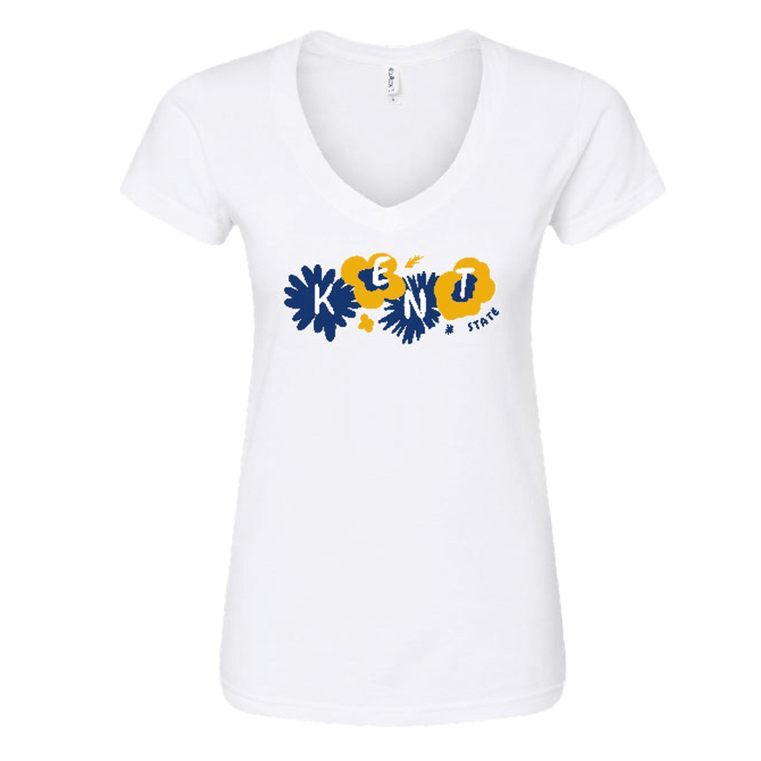 White women's Kent In Four Flowers V-Neck shirt featuring navy blue and golden yellow floral designs spelling out "Kent" with "State" written beneath.