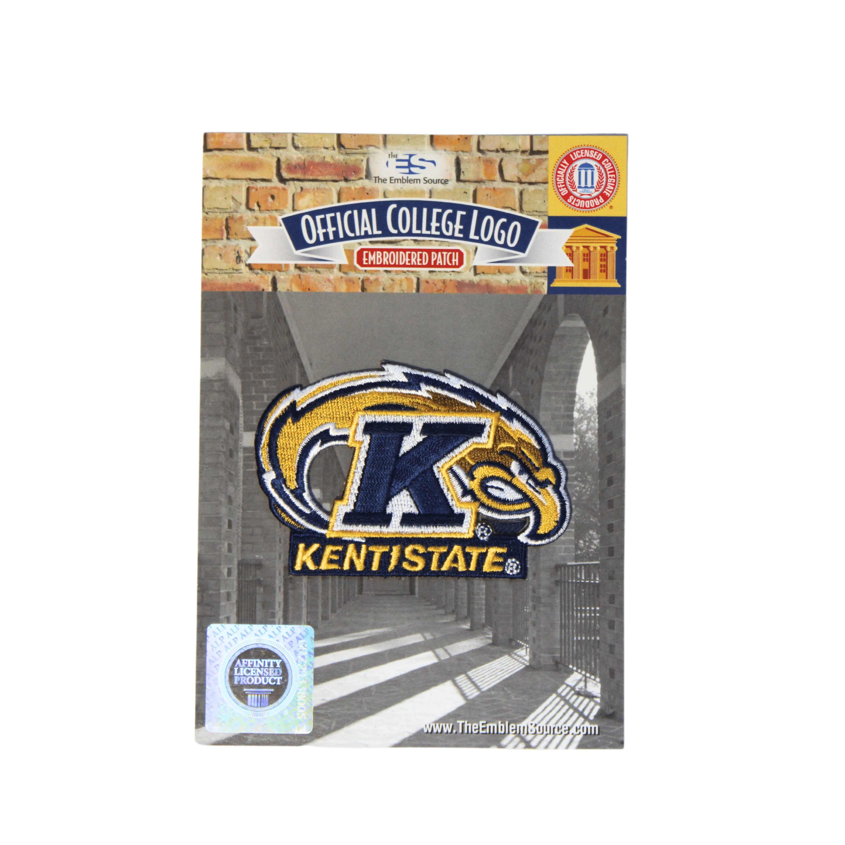Kent State Navy Inch Patch featuring an embroidered golden eagle logo with navy and gold colors on official college logo backing card.