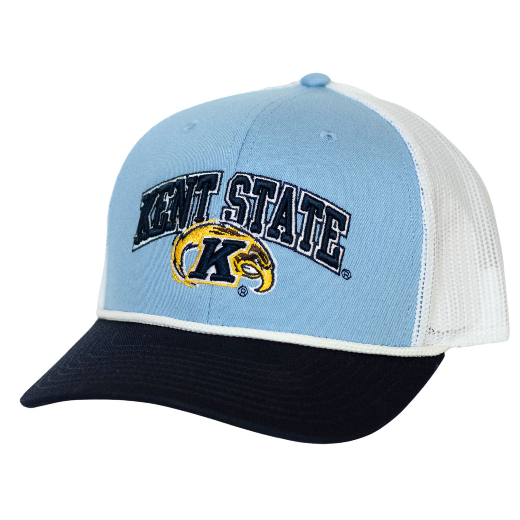 Kent State Eagle Rope Trucker Light Blue Hat featuring a light blue front with navy blue brim and white mesh back, embroidered with Kent State and Golden Flashes logo.