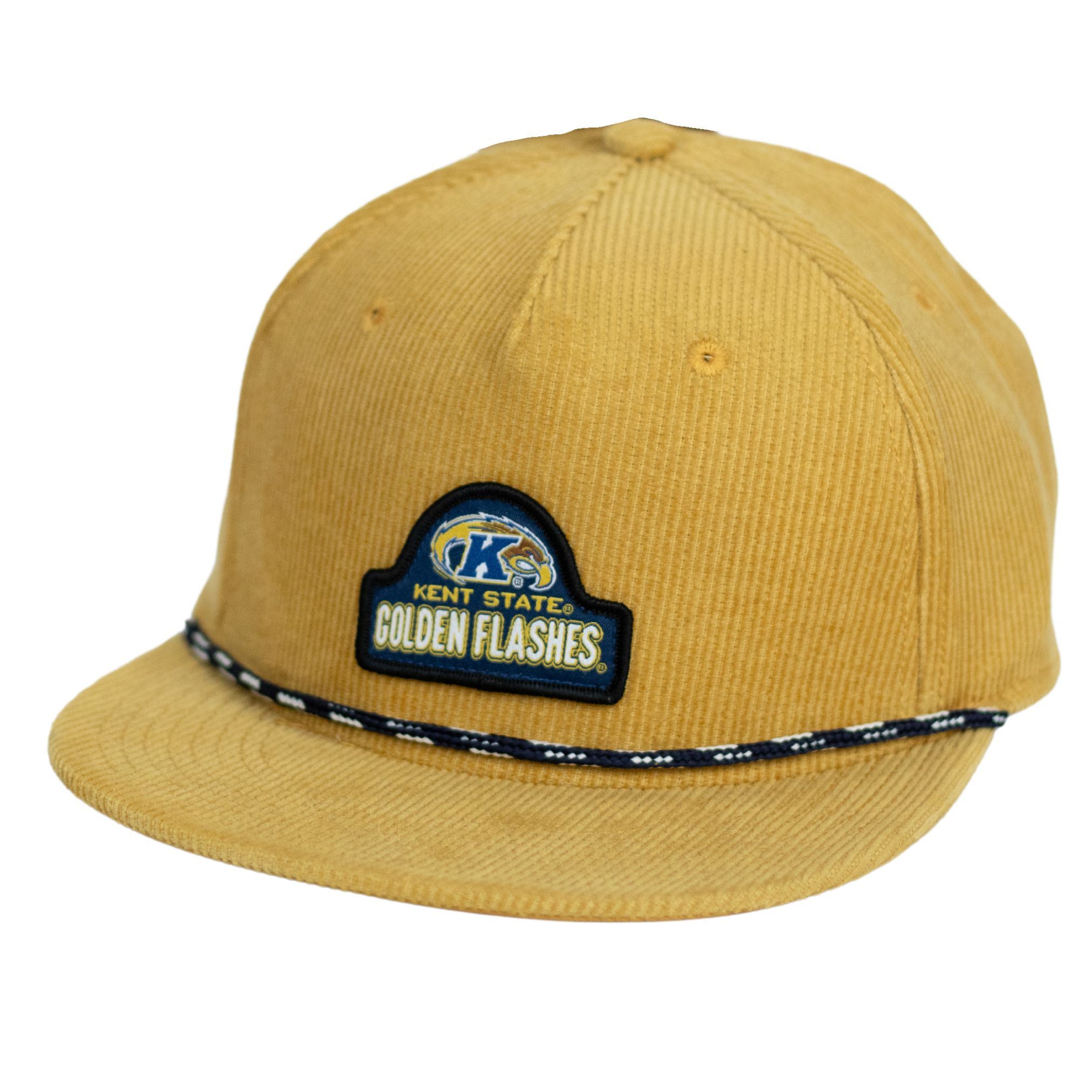 Kent State Corduroy Rope Hat in mustard yellow featuring a Golden Flashes patch on the front and a decorative black and white rope above the brim, perfect for Kent State apparel fans.