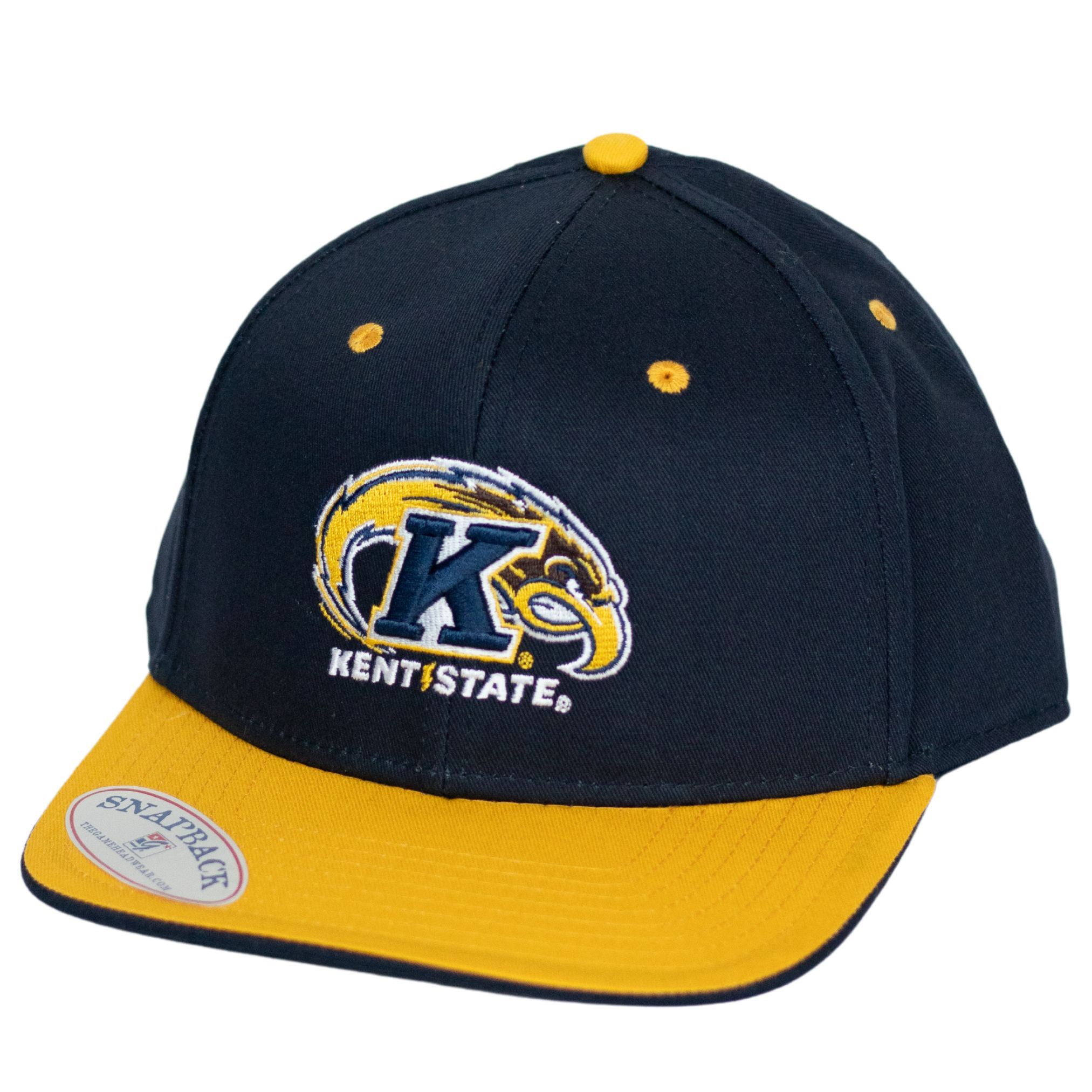 Kent State Replica Baseball Hat with navy blue crown and golden yellow brim, featuring embroidered Kent State Golden Flashes logo on the front.