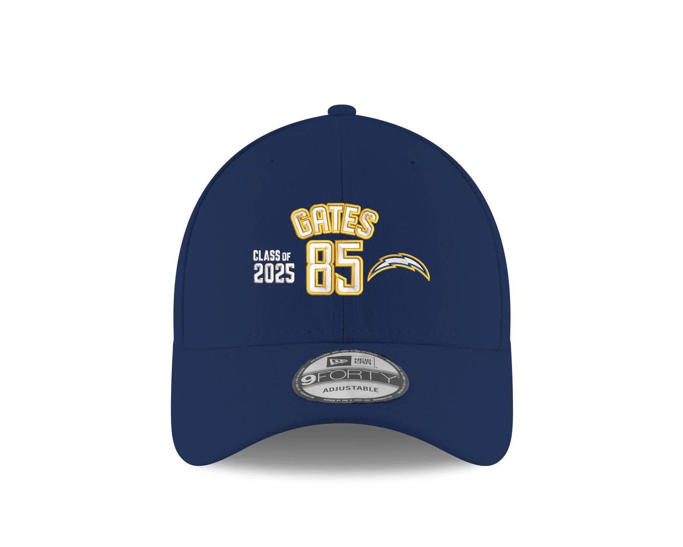 Antonio Gates Hall Of Fame Navy Hat featuring embroidered text "Gates 85", class of 2025, and a lightning bolt logo on the front with an adjustable strap.