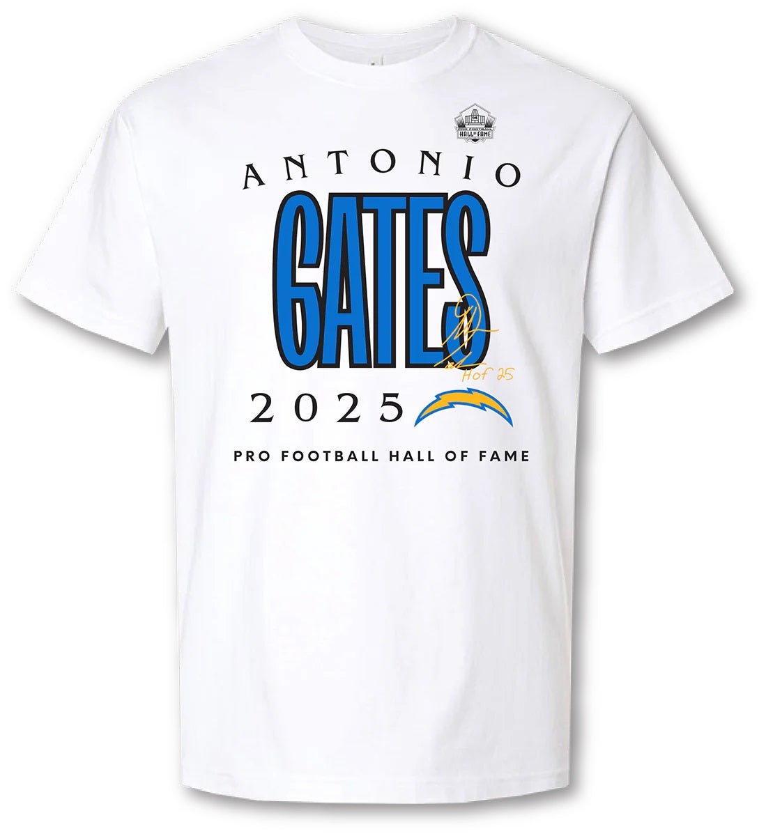 Antonio Gates Hall Of Fame White T-Shirt featuring bold blue lettering, a football hall of fame logo, and a 2025 tribute design, ideal Kent State apparel for football fans.