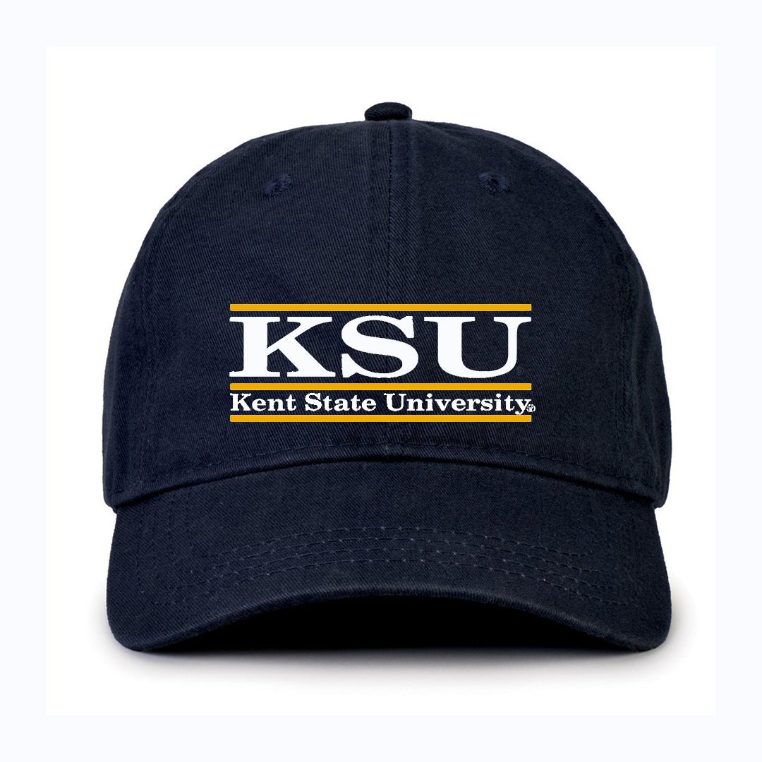 KSU Bar Design Hat in navy blue featuring white and gold lettering with Kent State University logo, perfect for Kent State apparel and golden flashes fans.