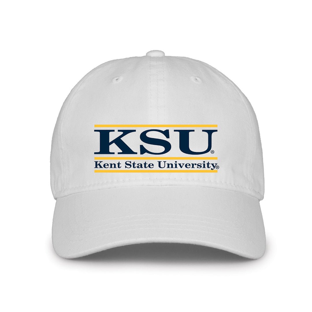 White KSU Bar Design Hat featuring navy and gold Kent State University lettering on the front, representing Kent State apparel and clothing.