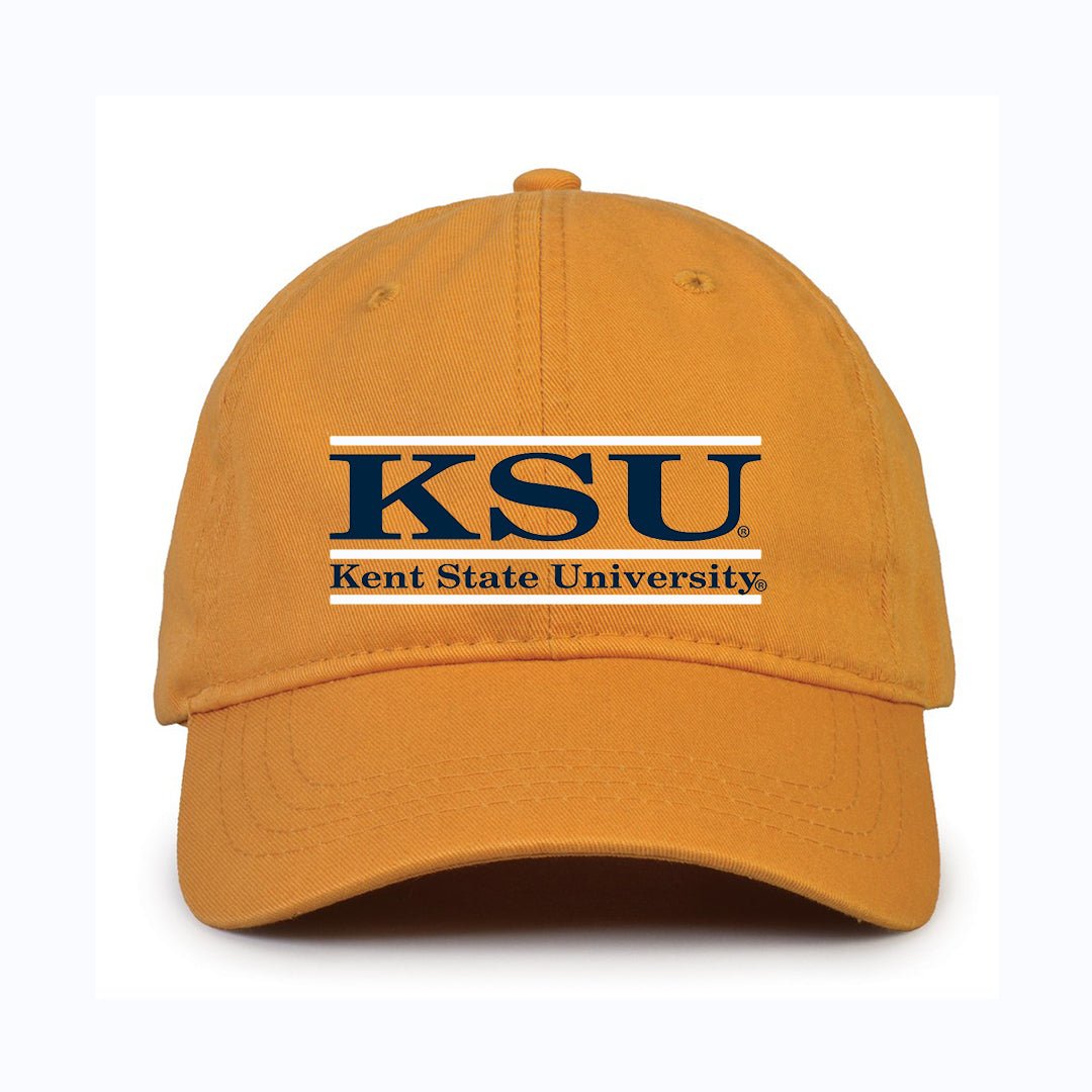 KSU Bar Design Hat in golden yellow with navy blue and white Kent State University text, classic adjustable cap style representing Kent State apparel.