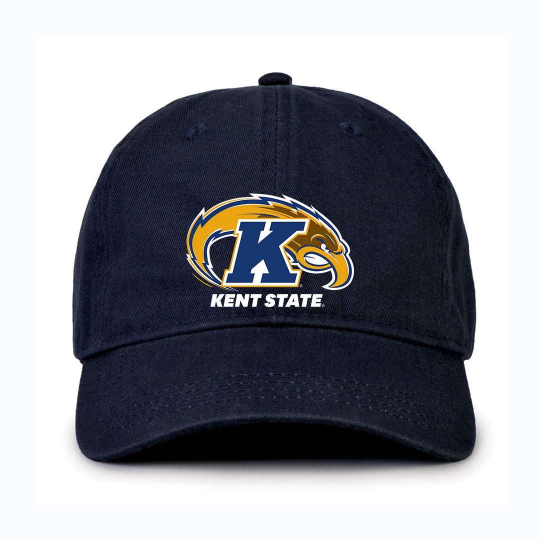 Kent State Primary Logo Hat in navy blue featuring the golden flashes logo with a bold K and eagle head, perfect for Kent State University fans and apparel collectors.