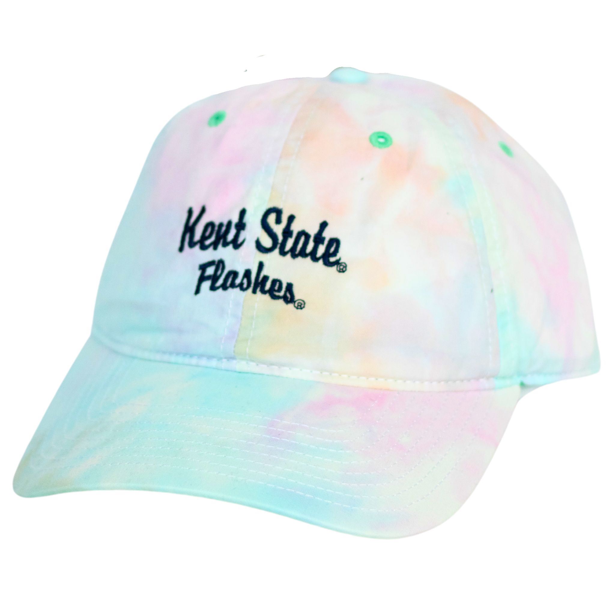 Kent State Flashes Sorbet Hat featuring a pastel tie-dye pattern in soft blue, pink, and orange tones with embroidered black Kent State Flashes logo on the front.