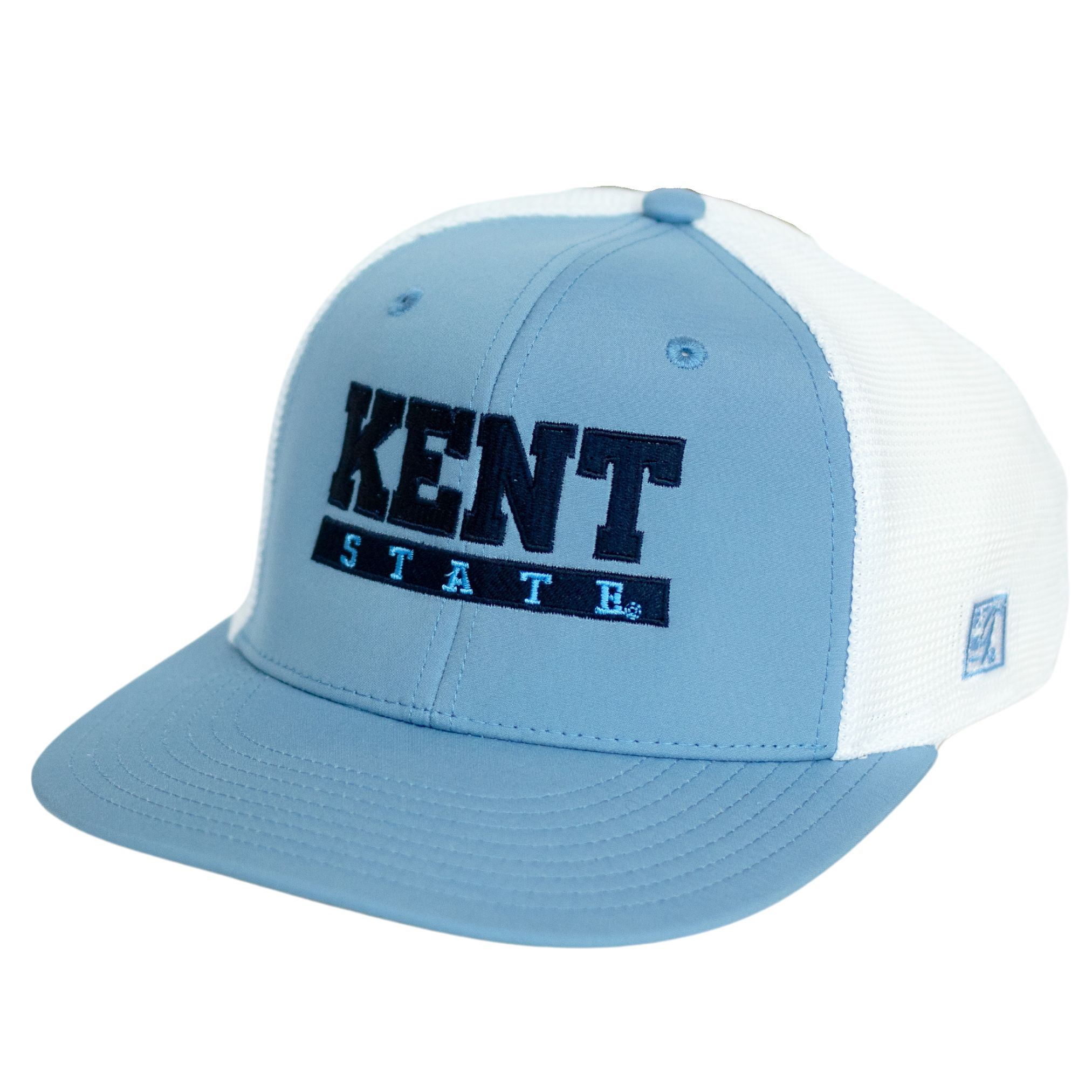 Kent Over State Hat featuring a light blue front panel with navy blue embroidered "KENT STATE" text and a white mesh back, perfect for Kent State apparel fans.