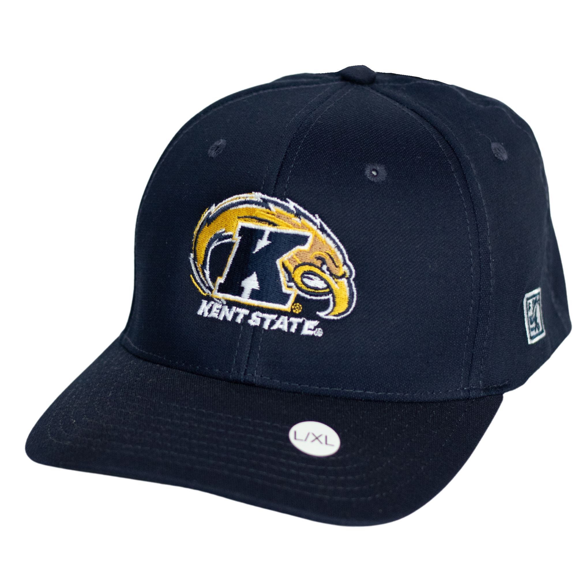 Kent State Eagle Logo Flexfit Hat in navy blue featuring the embroidered Kent State Golden Flashes eagle emblem and logo on the front, sized L/XL for comfortable fit.