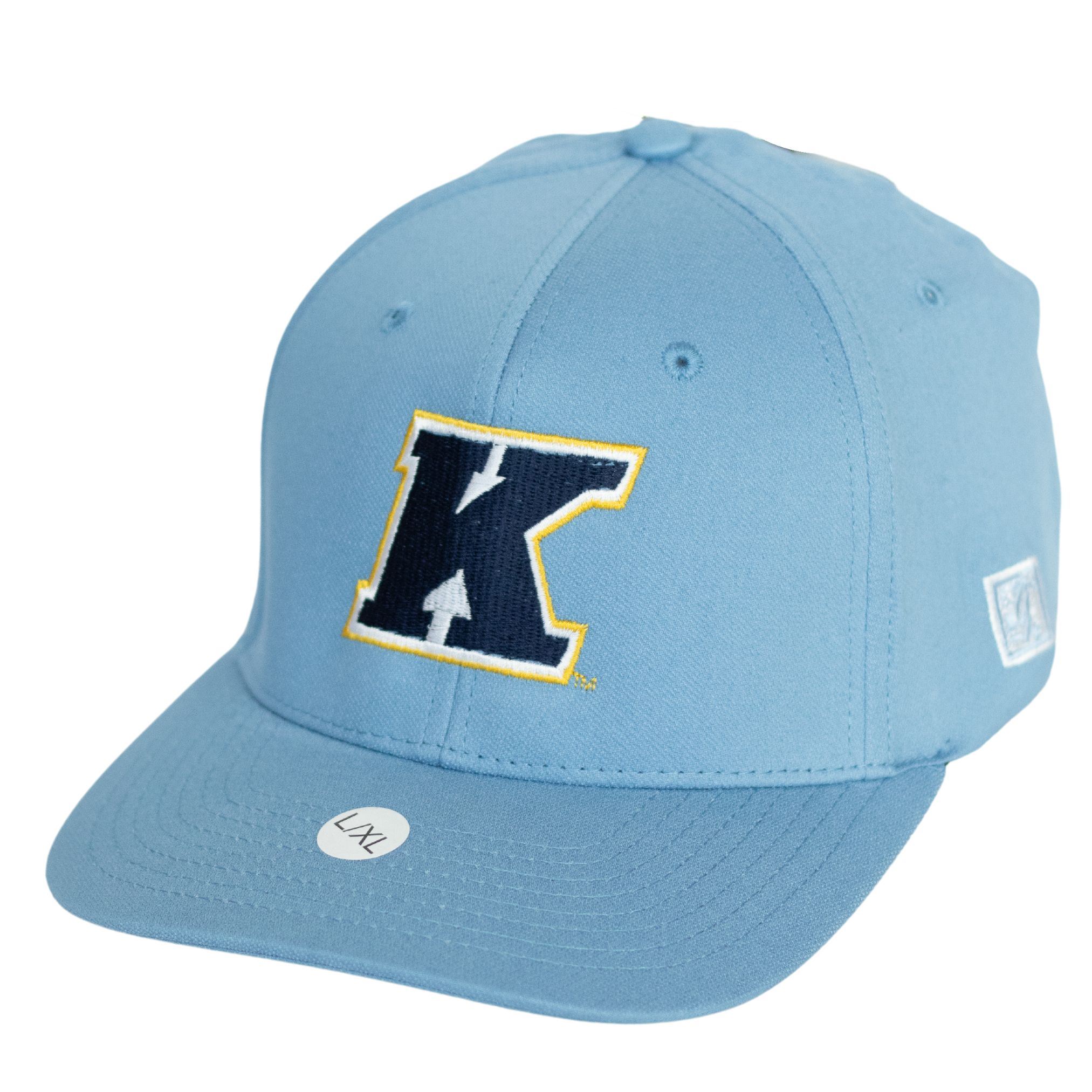 Light Blue K Logo Flexfit Hat featuring a structured front panel with a large navy K outlined in yellow, designed for a comfortable fit and stylish look.