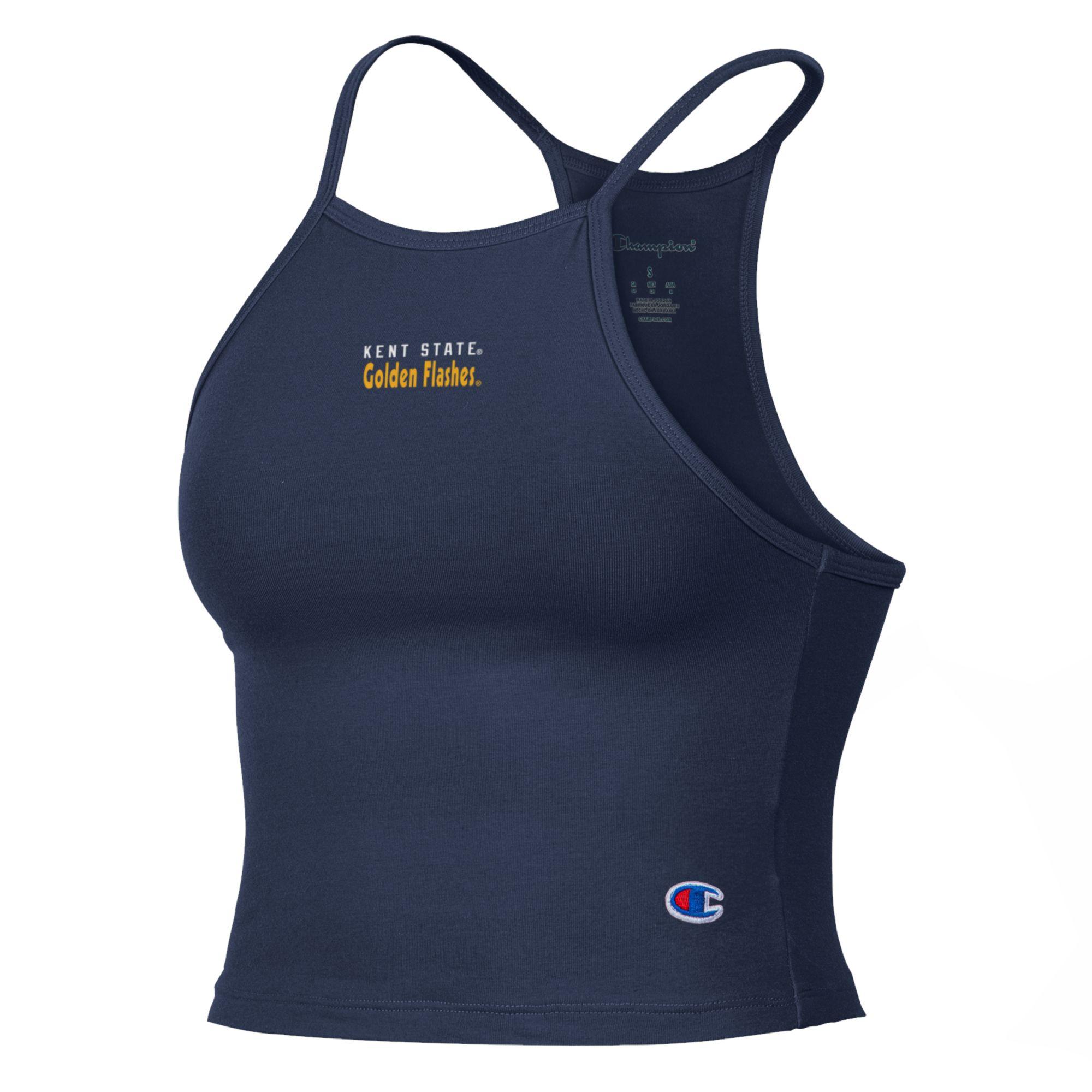 Navy blue Champion Halter Top featuring slim straps, Kent State Golden Flashes text in yellow and white on the front, and a small Champion logo near the bottom hem.