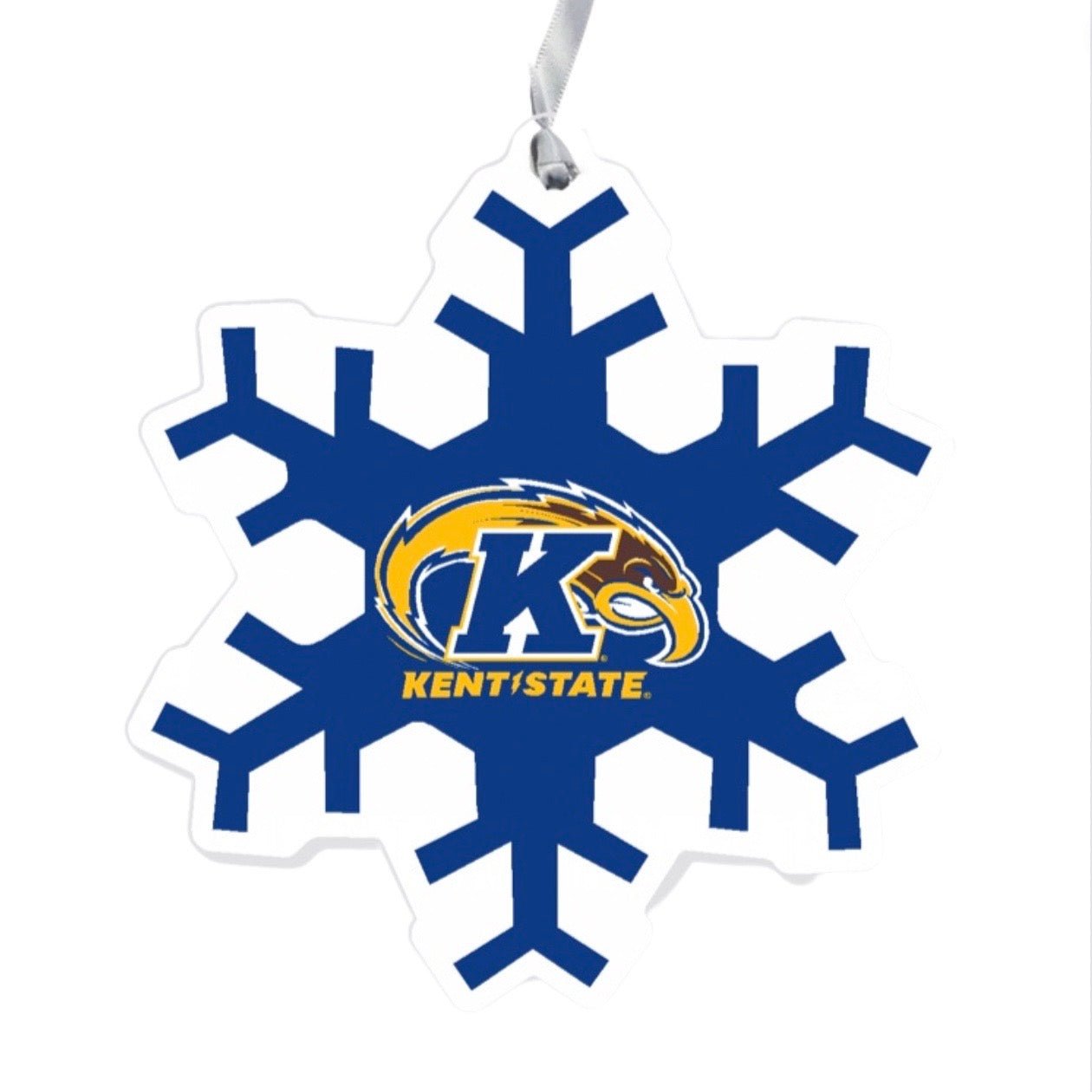 Ornament Snowflake Ornament featuring a blue snowflake design with the Kent State Golden Flashes logo in the center, hanging from a silver ribbon.