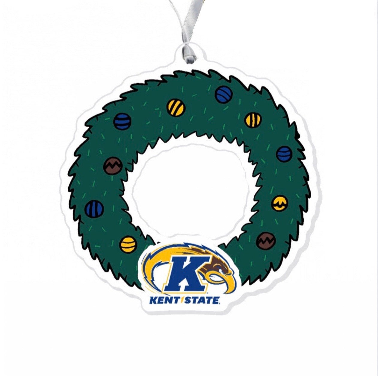 Ornament Wreath Ornament featuring a green wreath decorated with blue, gold, and brown balls, and a Kent State logo with golden flash at the bottom hanging from a silver ribbon.