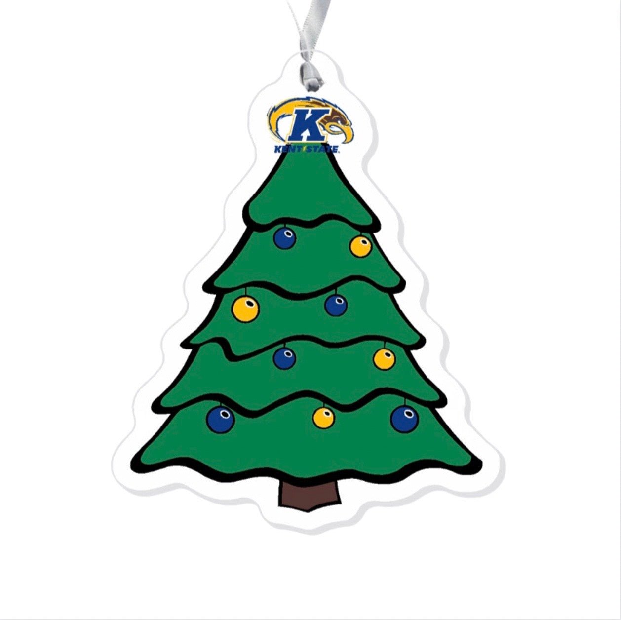 Ornament Tree Ornament featuring a green Christmas tree decorated with blue and yellow baubles, topped with the Kent State University logo and hanging from a silver ribbon.