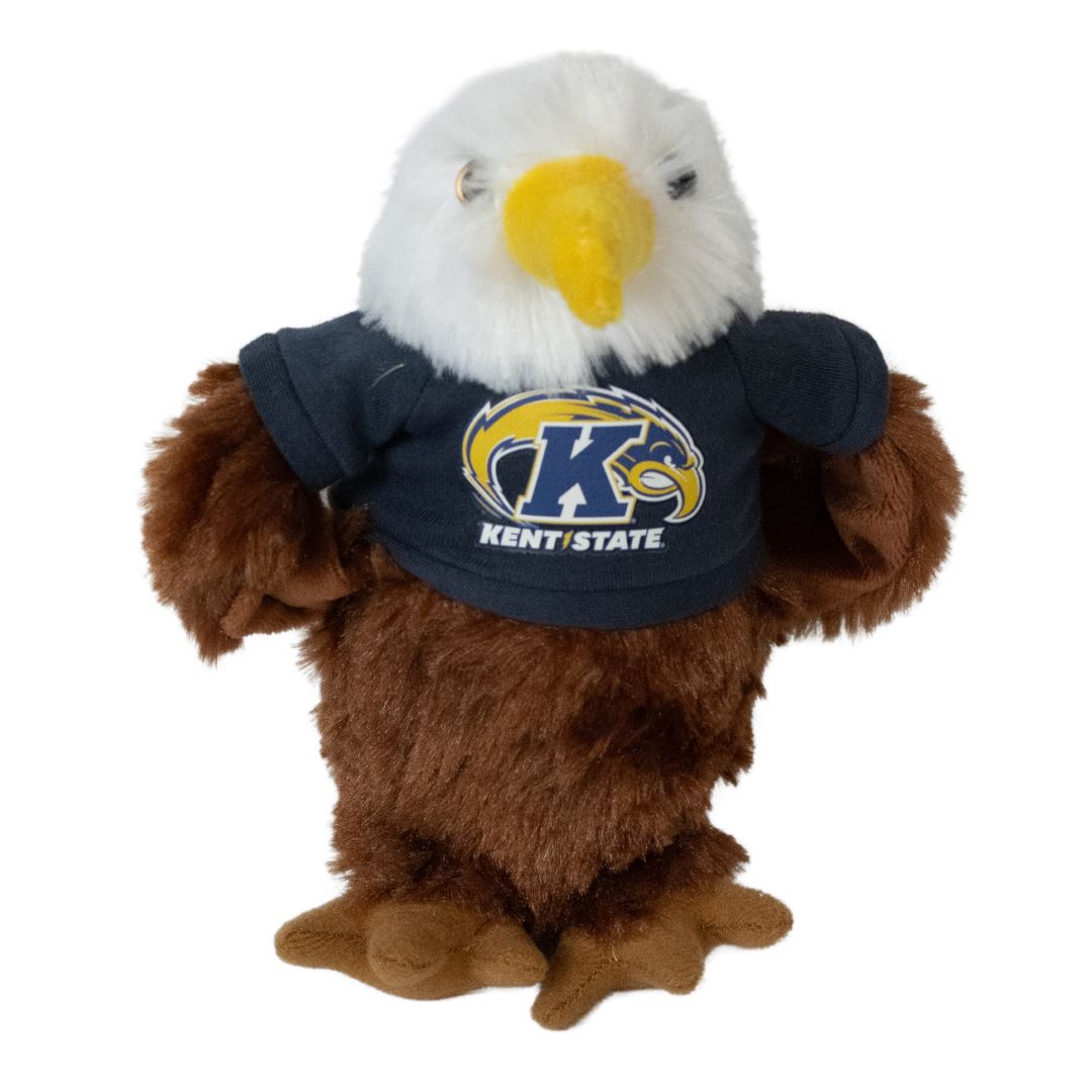 Plush Kent State Eagle stuffed animal wearing a navy blue shirt featuring the Kent State logo in yellow and white, with soft brown and white plush feathers.