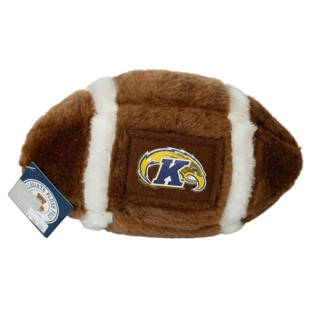 Soft plush football in brown with white stripes featuring a Kent State logo patch, perfect for fans looking for Plush Kent State Football merchandise.