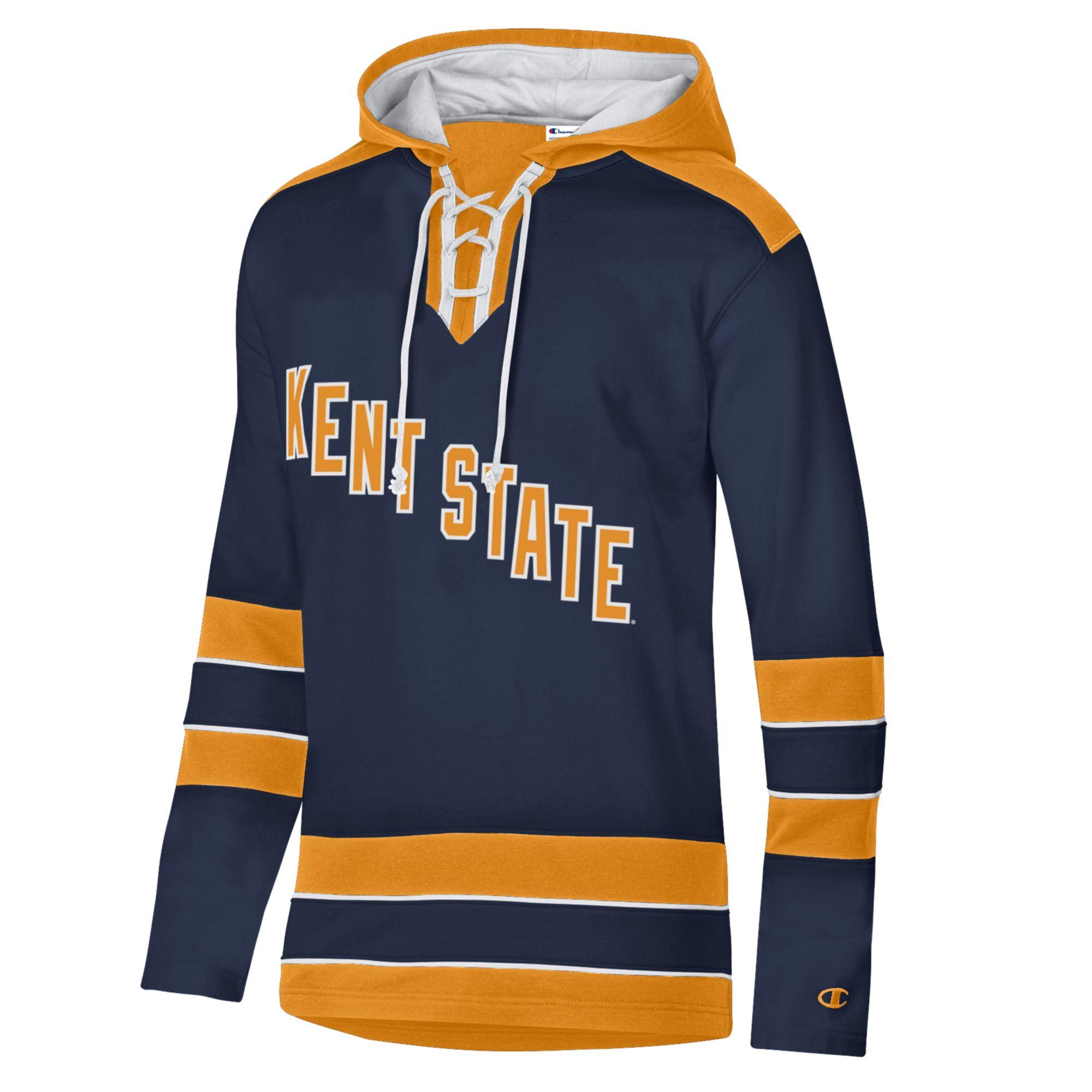 Navy and gold hockey-style pullover with "Kent State" lettering, lace-up collar, and stripes on sleeves and hem, Kent State Super Fan Hockey Hood By Champion.