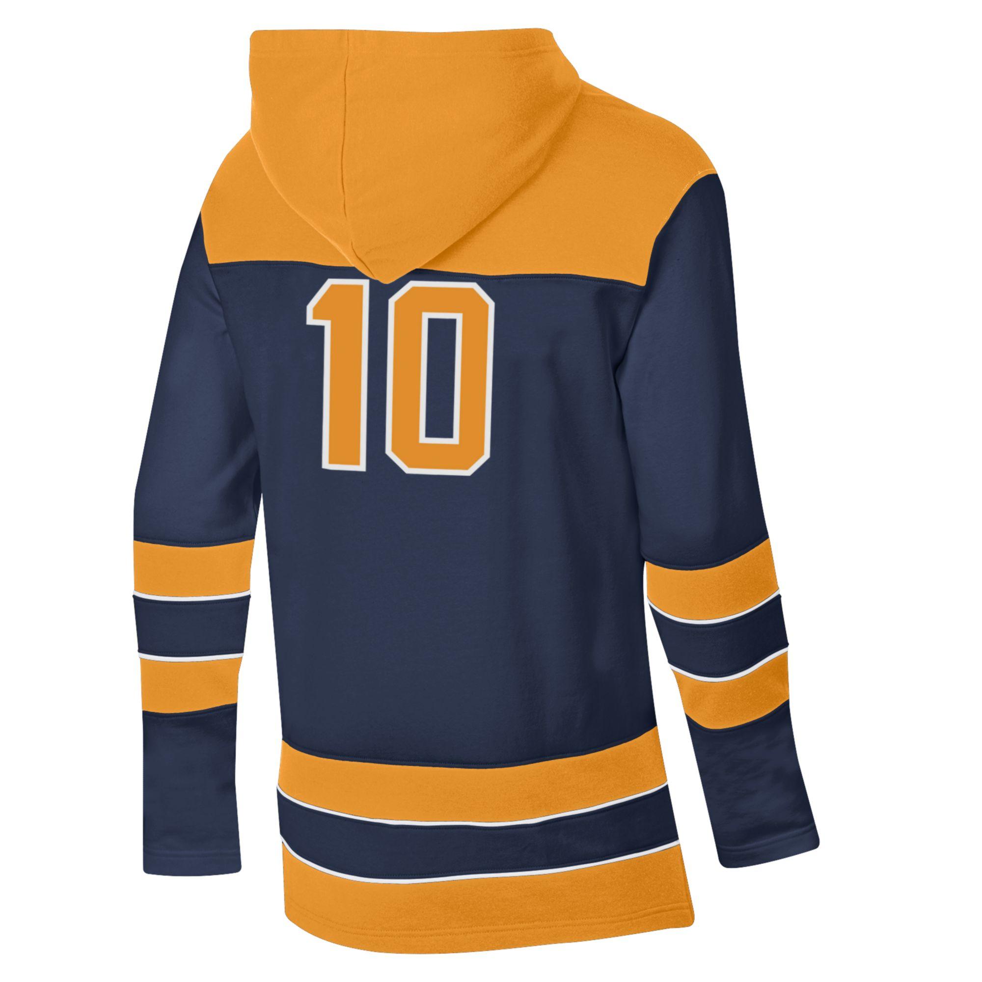Back view of Kent State Super Fan Hockey Hood By Champion in navy and gold with number 10 on the back, featuring long sleeves and bold striping for Kent State apparel fans.