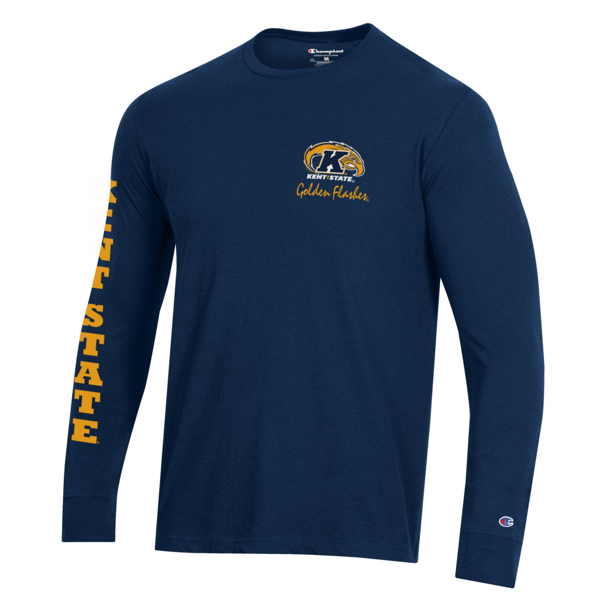 Navy blue Kent State 3 Location Long Sleeve T-Shirt featuring a small Golden Flashes logo on the chest and "Kent State" text in yellow down the right sleeve.