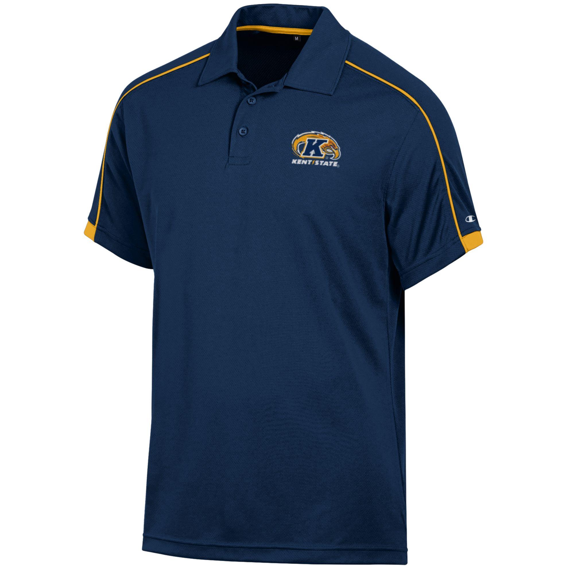 Navy blue Kent State Diamond Polo featuring gold piping on shoulders and sleeves, embroidered Kent State logo on chest, and a classic three-button collar design.