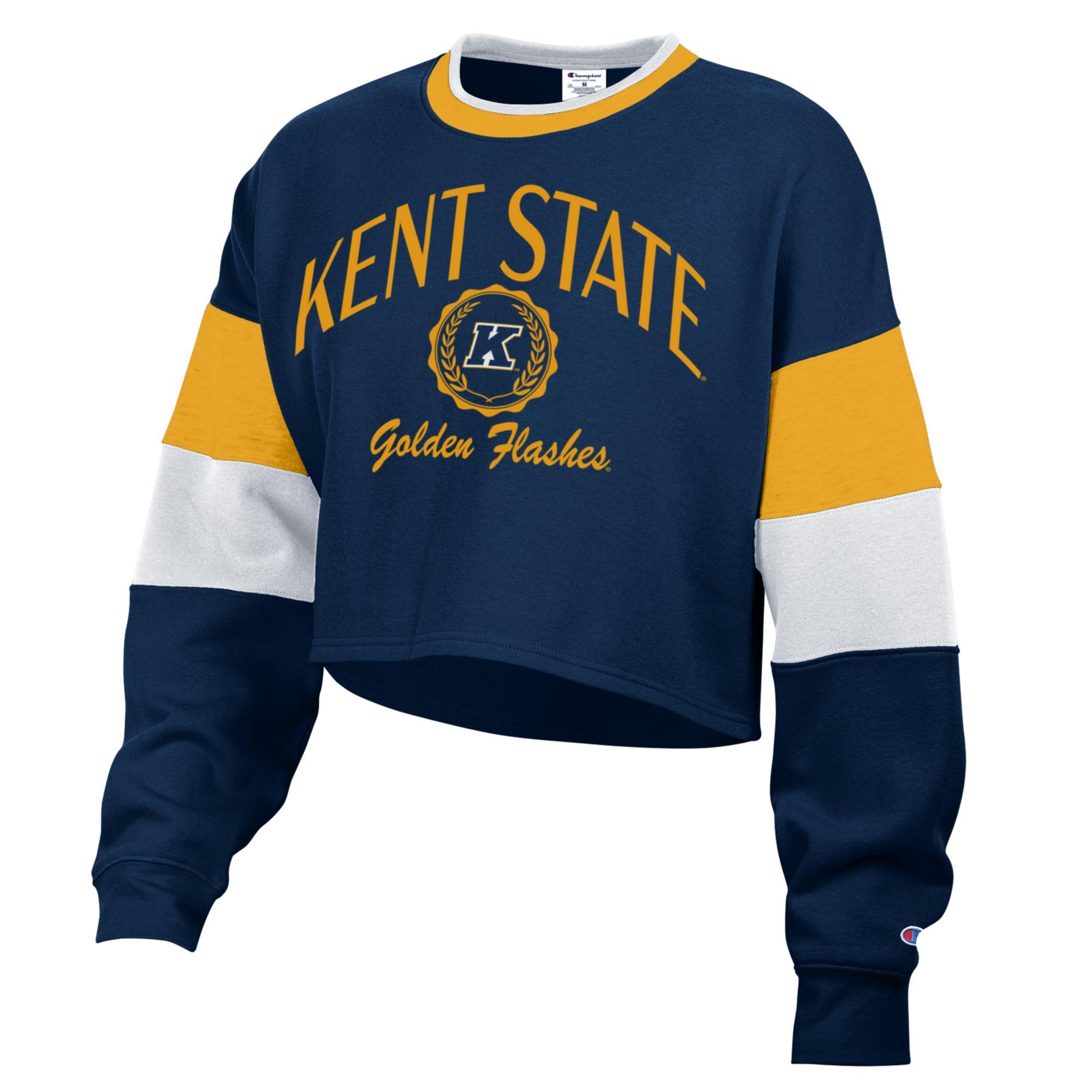 Kent State Women's Fresh Fly Crew in navy blue with gold and white color blocks, featuring "Kent State Golden Flashes" text and logo, stylish cropped fit for casual Kent State apparel.