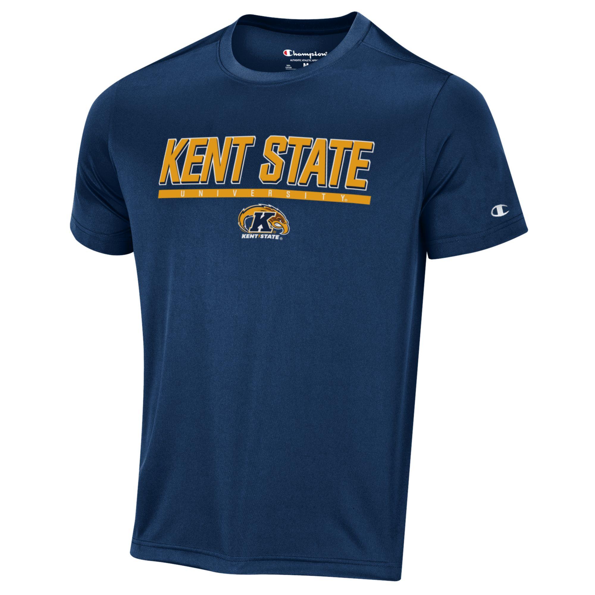 Kent State Impact T-Shirt Navy featuring gold Kent State University text and Golden Flashes logo on a navy athletic fabric, Champion brand logo on the sleeve.
