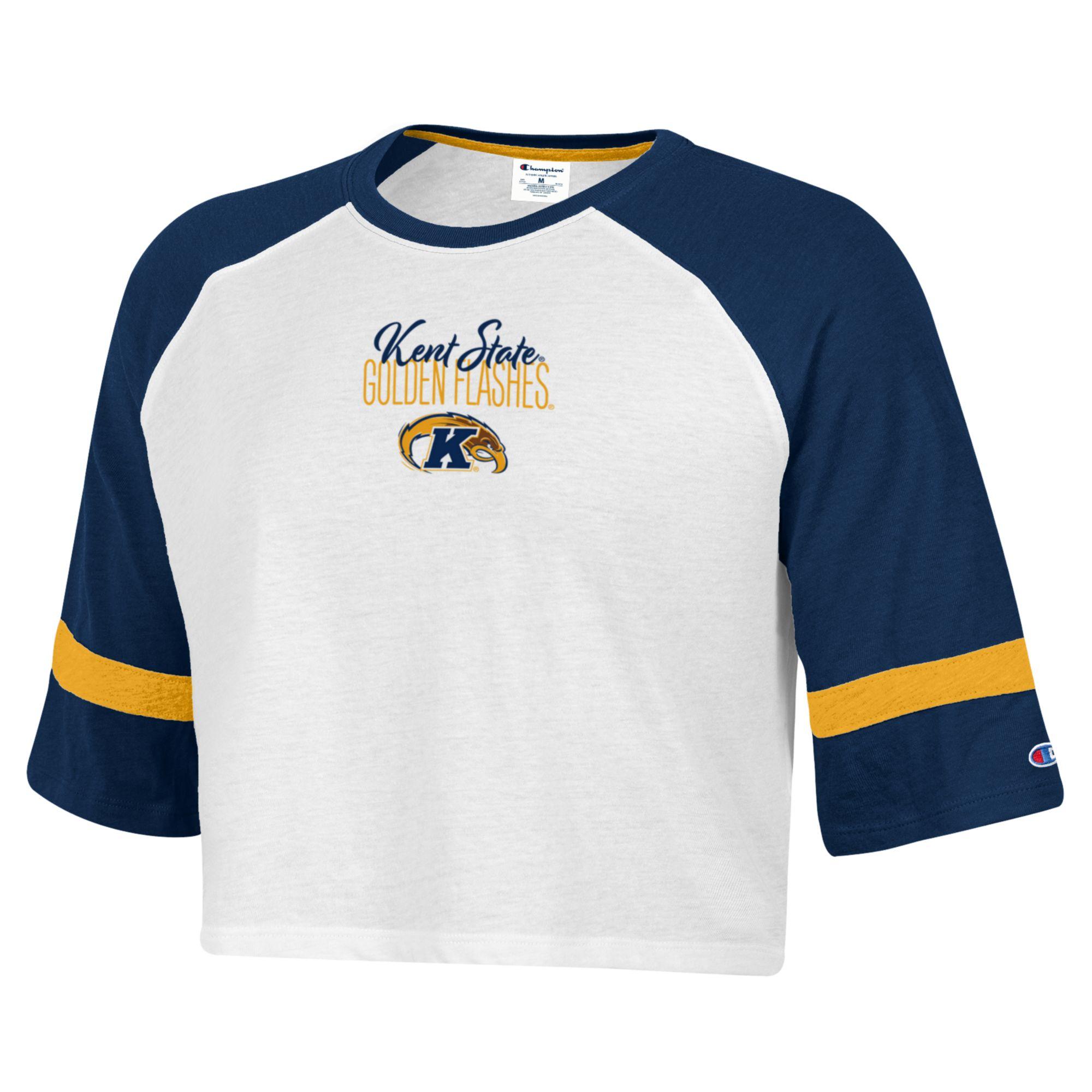 Kent State Women's Rah Rah Tee with navy blue raglan sleeves, gold stripes on the sleeves, and white body featuring Kent State Golden Flashes logo and text on the front.