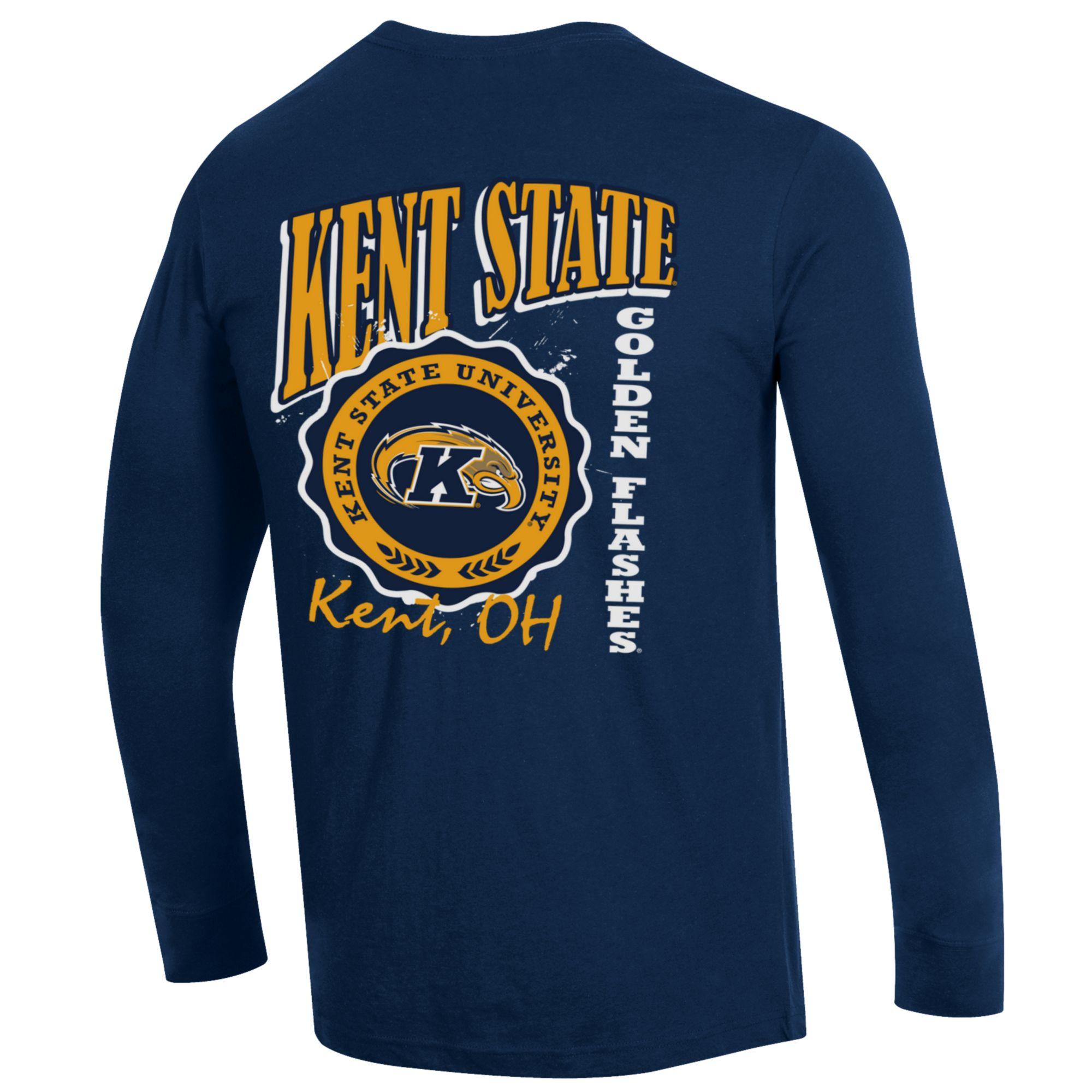 Navy long sleeve Kent State 3 Location Long Sleeve T-Shirt featuring Kent State University logo, Kent OH text, and Golden Flashes lettering on the back.