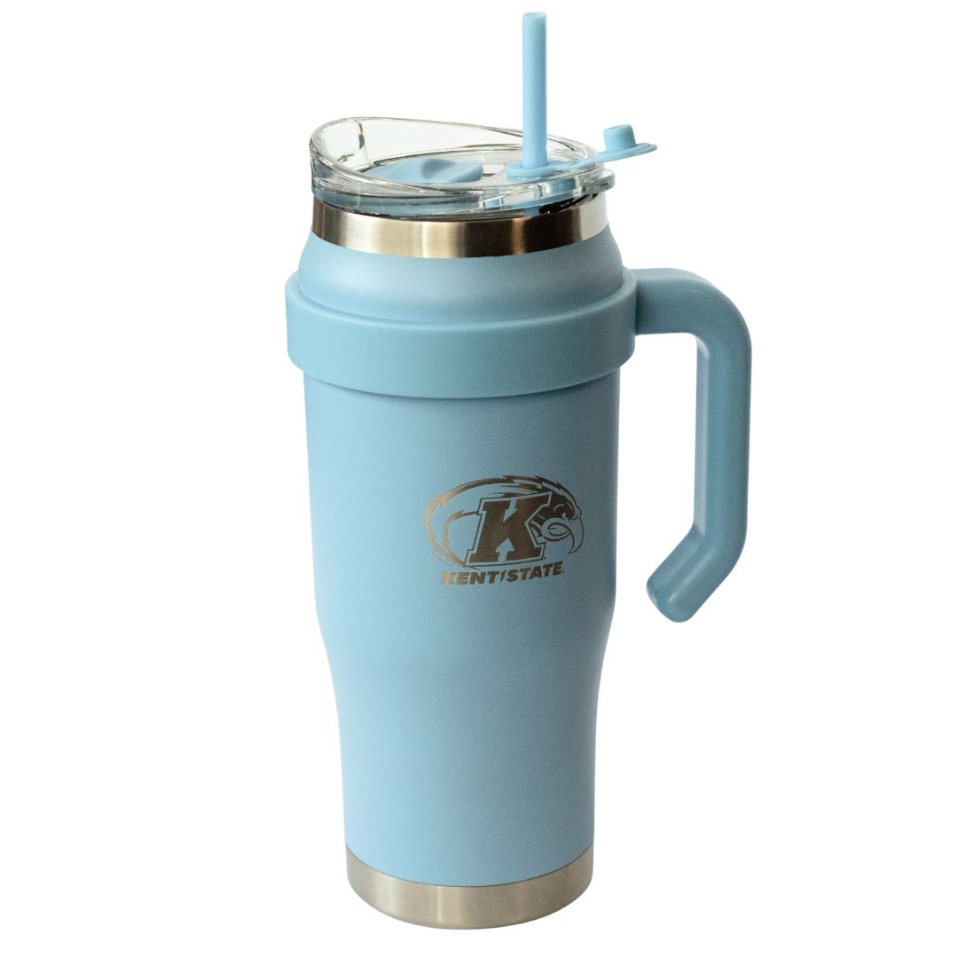 Nordic Outlander Tumbler With Kent State Logo in light blue featuring a handle, clear lid with straw, and Kent State Golden Flashes emblem on the front.
