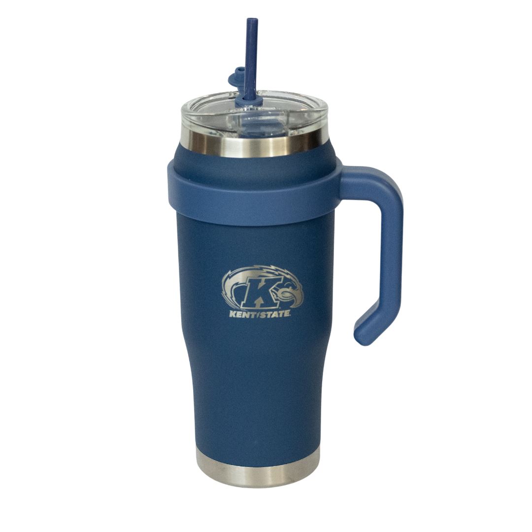 Nordic Outlander Tumbler With Kent State Logo in navy blue with a handle, clear lid, and reusable straw, featuring the Kent State Golden Flashes emblem.