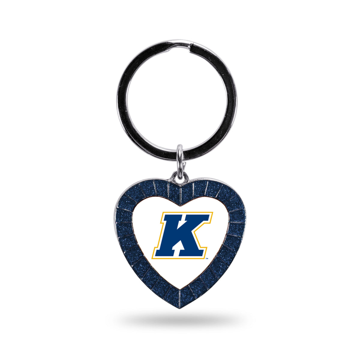 Rhinestone Heart Key Chain featuring a blue heart-shaped frame with glitter detail and a bold letter K in the center, attached to a silver key ring.