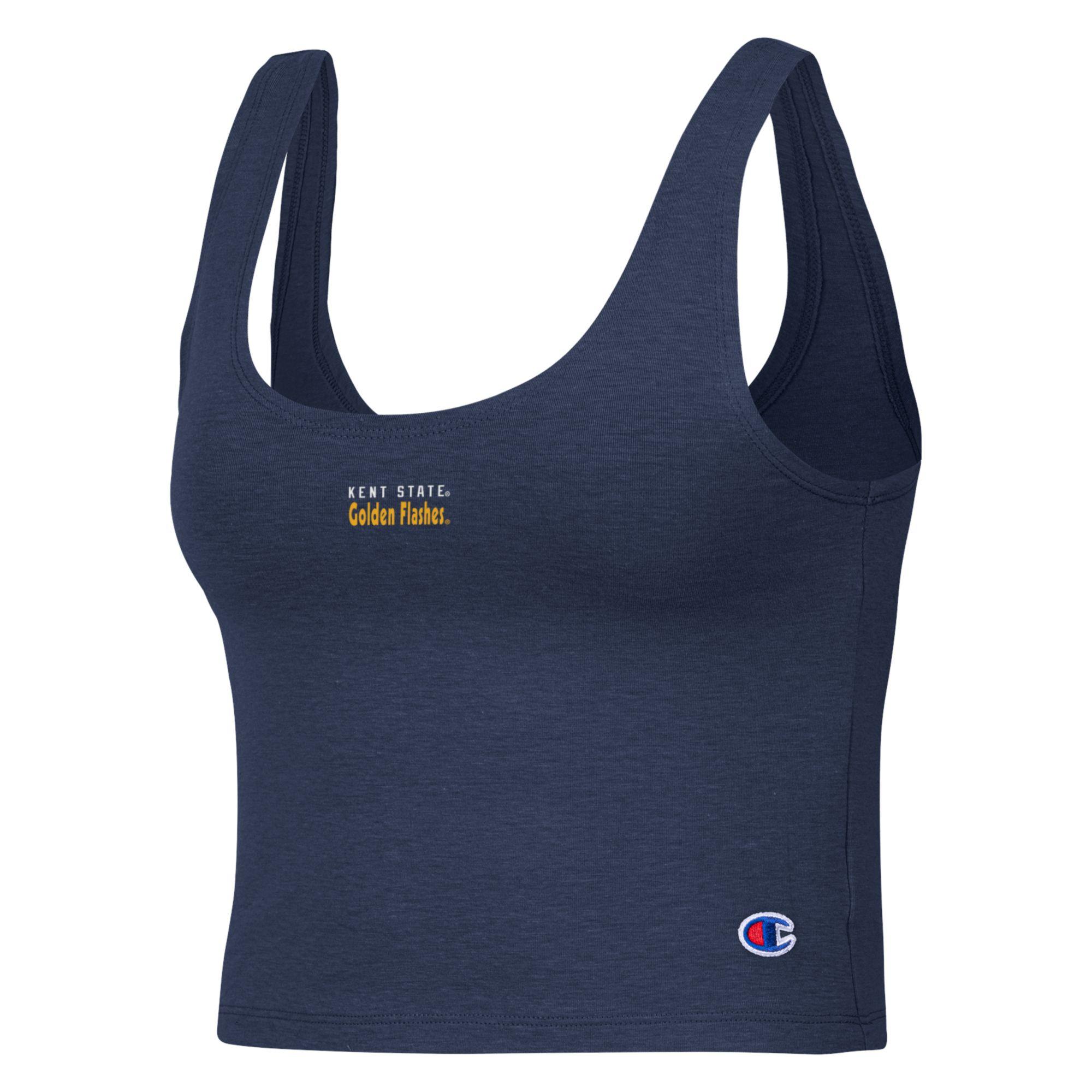 Navy blue Champion Scoop Neck Crop Top featuring small chest text "Kent State Golden Flashes" and Champion logo at the bottom, ideal Kent State apparel for sportswear.