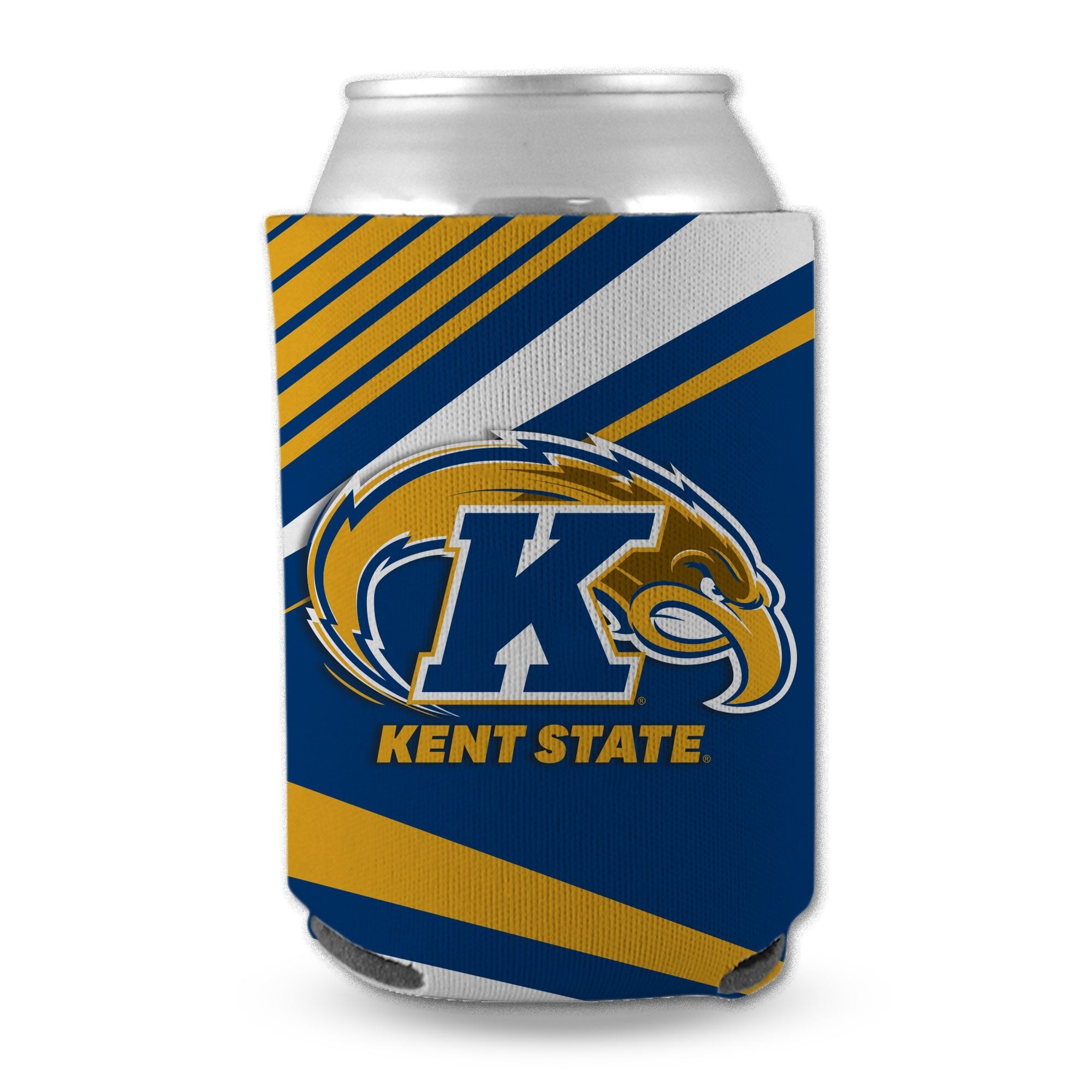 12oz Full Color Can Holder featuring the Kent State Golden Flashes logo with blue, gold, and white diagonal stripes for sports fans and apparel enthusiasts.