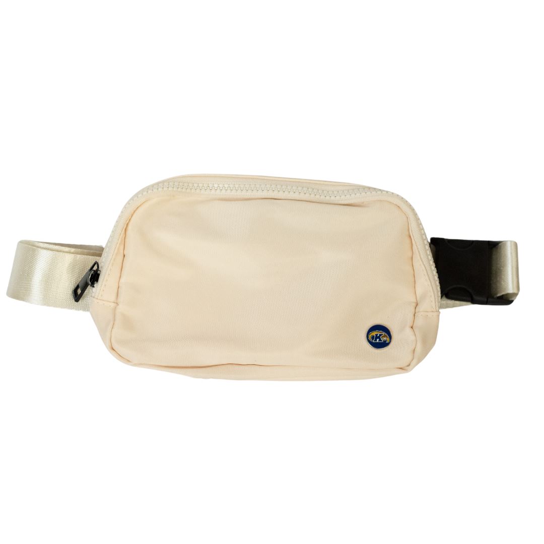 Cream Kent State Belt Bag with a minimalist design, adjustable strap, and subtle Kent State Golden Flashes logo on the front, perfect for hands-free carrying.