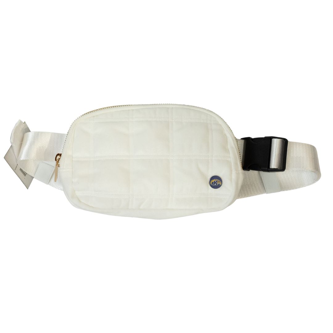 Quilted White Kent State Belt Bag with a sleek, padded design, adjustable strap, and small Kent State Golden Flashes logo emblem on the front.