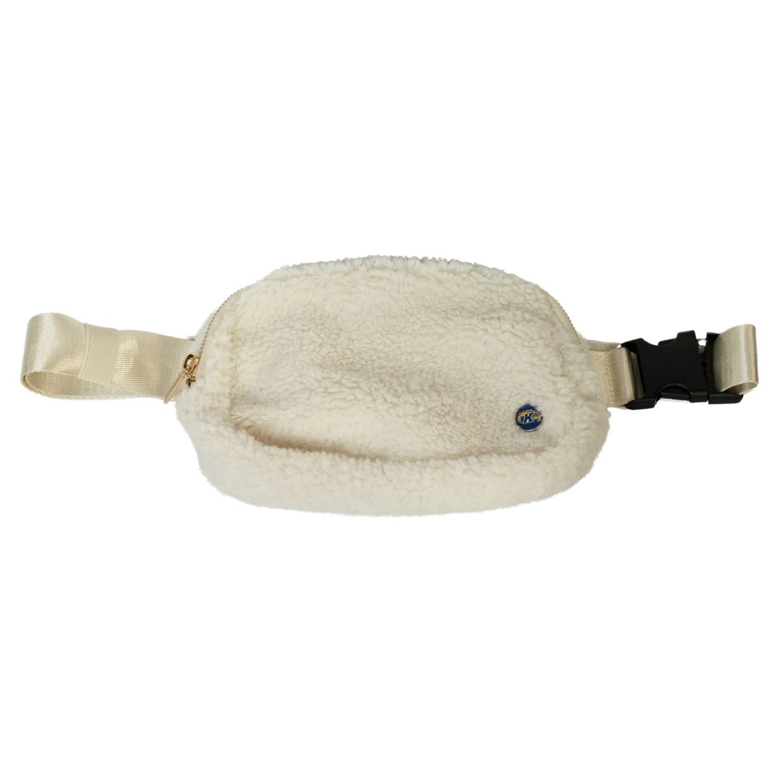 Sherpa Style Kent State Belt Bag in soft cream fleece with adjustable strap and a small Kent State emblem, perfect for carrying essentials hands-free.
