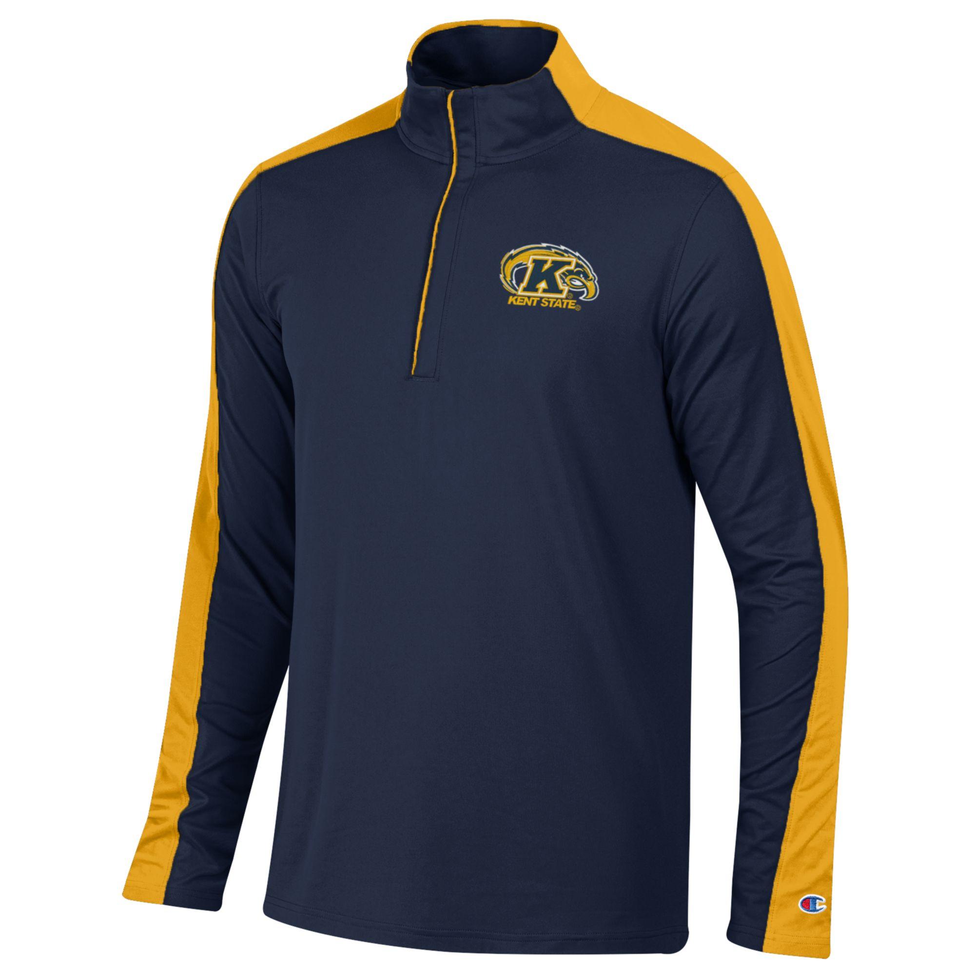 Men’s navy and gold long-sleeve athletic top with quarter zip and Kent State Color Block Quarter Zip logo on chest, designed for Kent State University apparel fans.