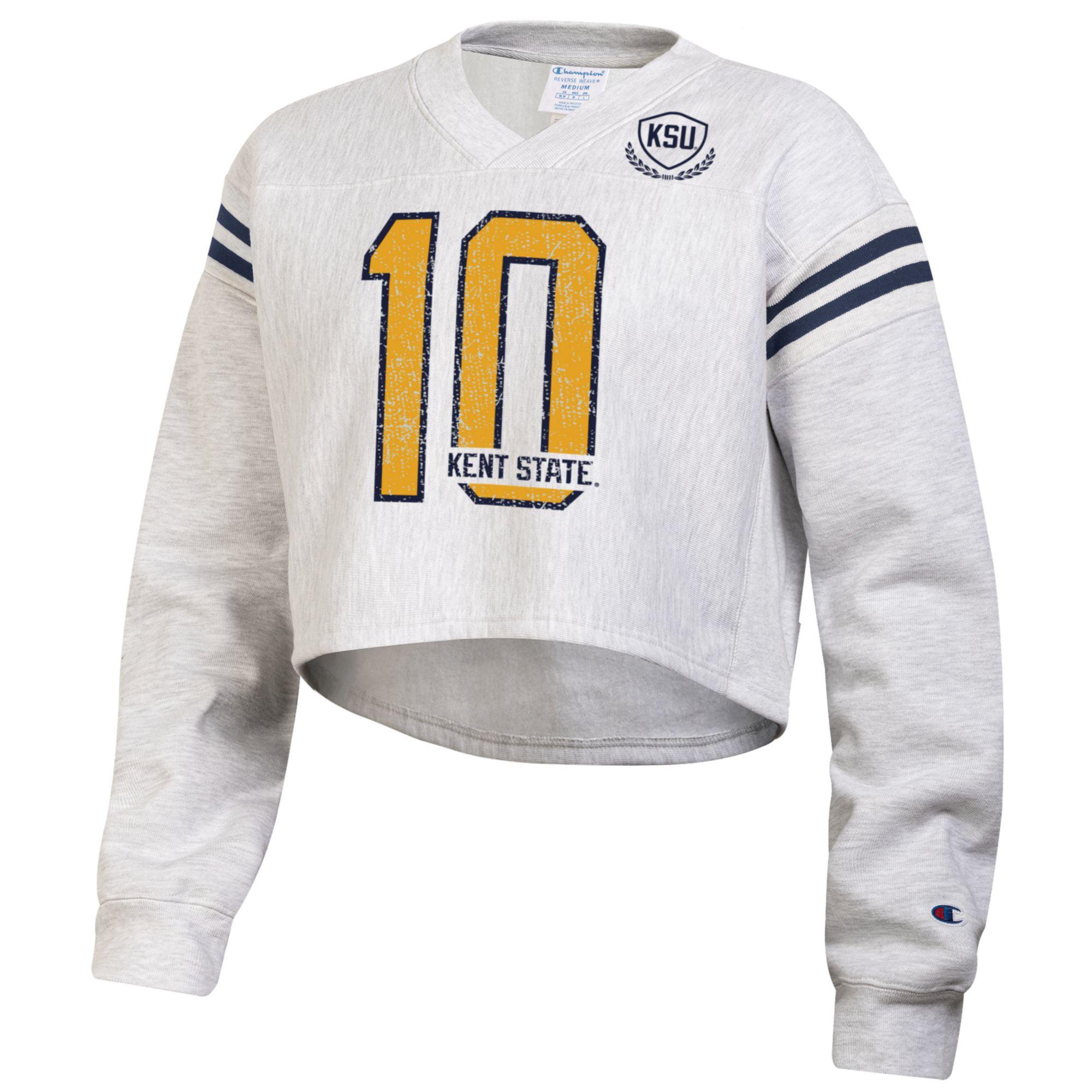 Kent State Reverse Weave Women's Crop Jersey Sweatshirt in light gray with navy stripes on sleeves, large gold and navy "10" and Kent State logo on the front.